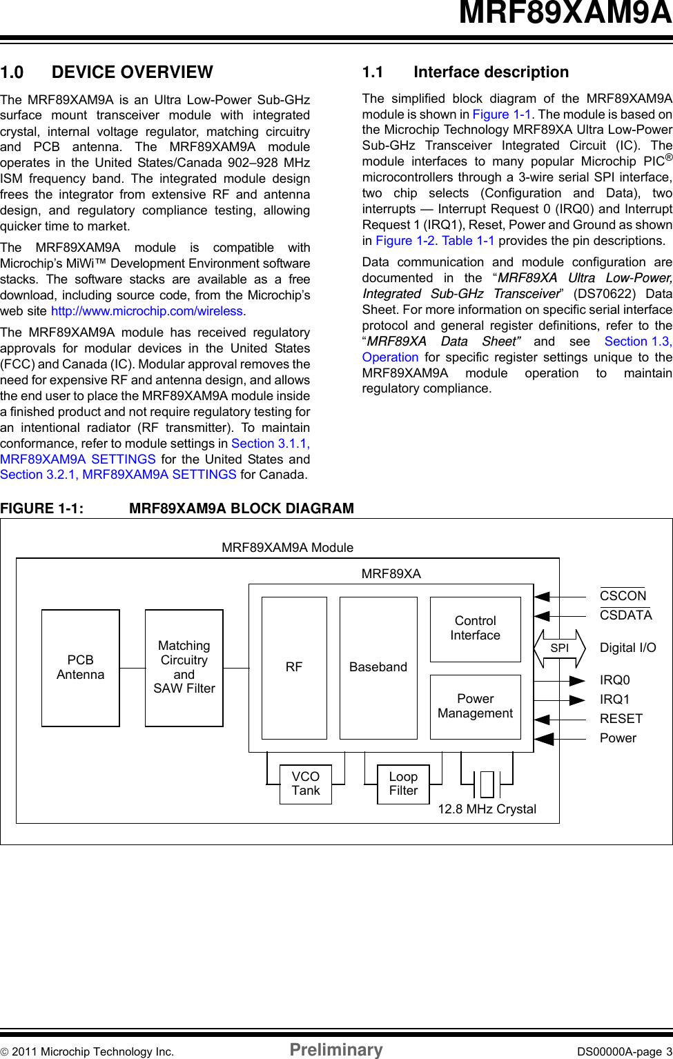 © 2011 Microchip Technology Inc. Preliminary DS00000A-page 3MRF89XAM9A1.0 DEVICE OVERVIEWThe MRF89XAM9A is an Ultra Low-Power Sub-GHzsurface mount transceiver module with integratedcrystal, internal voltage regulator, matching circuitryand PCB antenna. The MRF89XAM9A moduleoperates in the United States/Canada 902–928 MHzISM frequency band. The integrated module designfrees the integrator from extensive RF and antennadesign, and regulatory compliance testing, allowingquicker time to market.The MRF89XAM9A module is compatible withMicrochip’s MiWi™ Development Environment softwarestacks. The software stacks are available as a freedownload, including source code, from the Microchip’sweb site http://www.microchip.com/wireless.The MRF89XAM9A module has received regulatoryapprovals for modular devices in the United States(FCC) and Canada (IC). Modular approval removes theneed for expensive RF and antenna design, and allowsthe end user to place the MRF89XAM9A module insidea finished product and not require regulatory testing foran intentional radiator (RF transmitter). To maintainconformance, refer to module settings in Section 3.1.1,MRF89XAM9A SETTINGS for the United States andSection 3.2.1, MRF89XAM9A SETTINGS for Canada.1.1 Interface descriptionThe simplified block diagram of the MRF89XAM9Amodule is shown in Figure 1-1. The module is based onthe Microchip Technology MRF89XA Ultra Low-PowerSub-GHz Transceiver Integrated Circuit (IC). Themodule interfaces to many popular Microchip PIC®microcontrollers through a 3-wire serial SPI interface,two chip selects (Configuration and Data), twointerrupts — Interrupt Request 0 (IRQ0) and InterruptRequest 1 (IRQ1), Reset, Power and Ground as shownin Figure 1-2. Tab le 1- 1  provides the pin descriptions.Data communication and module configuration aredocumented in the “MRF89XA Ultra Low-Power,Integrated Sub-GHz Transceiver” (DS70622) DataSheet. For more information on specific serial interfaceprotocol and general register definitions, refer to the“MRF89XA Data Sheet” and see Section 1.3,Operation for specific register settings unique to theMRF89XAM9A module operation to maintainregulatory compliance.FIGURE 1-1: MRF89XAM9A BLOCK DIAGRAMMRF89XAControlInterfacePowerManagementBasebandRFMRF89XAM9A ModuleSPI Digital I/OIRQ0Power12.8 MHz CrystalMatchingCircuitryandSAW FilterPCBAntennaLoopFilterVCOTankIRQ1CSDATACSCONRESET