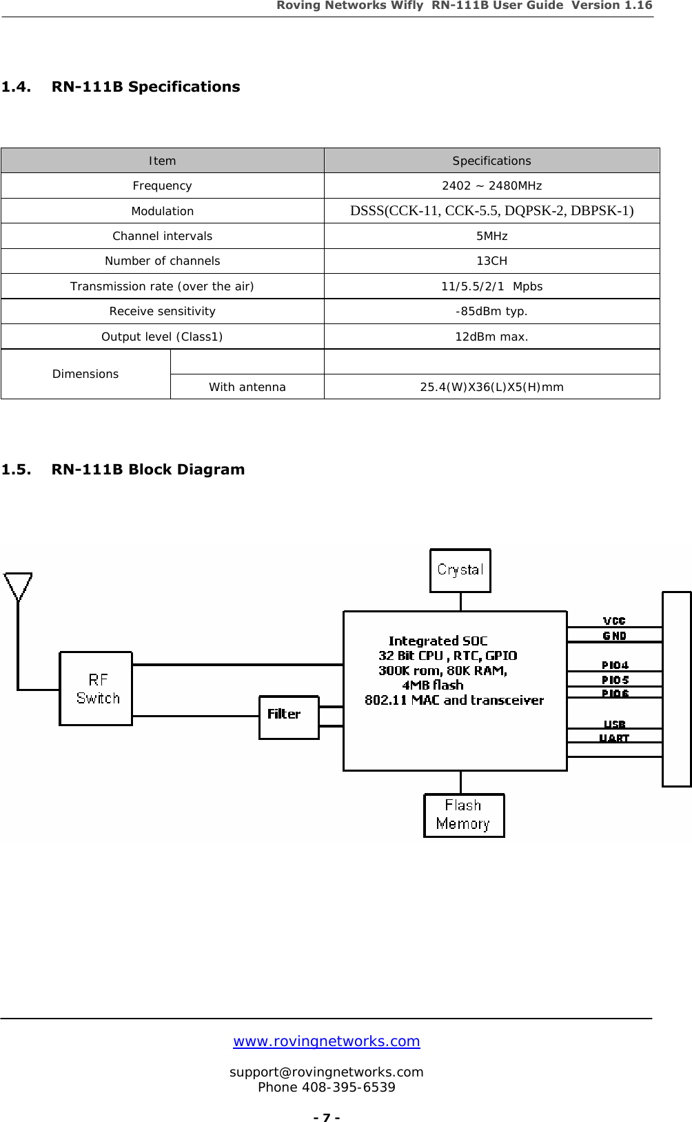 Roving Networks Wifly  RN-111B User Guide  Version 1.16   www.rovingnetworks.com  support@rovingnetworks.com Phone 408-395-6539     - 7 -  1.4. RN-111B Specifications   Item  Specifications Frequency  2402 ~ 2480MHz Modulation  DSSS(CCK-11, CCK-5.5, DQPSK-2, DBPSK-1) Channel intervals  5MHz Number of channels  13CH Transmission rate (over the air)  11/5.5/2/1  Mpbs Receive sensitivity  -85dBm typ. Output level (Class1)  12dBm max.    Dimensions  With antenna  25.4(W)X36(L)X5(H)mm   1.5. RN-111B Block Diagram            