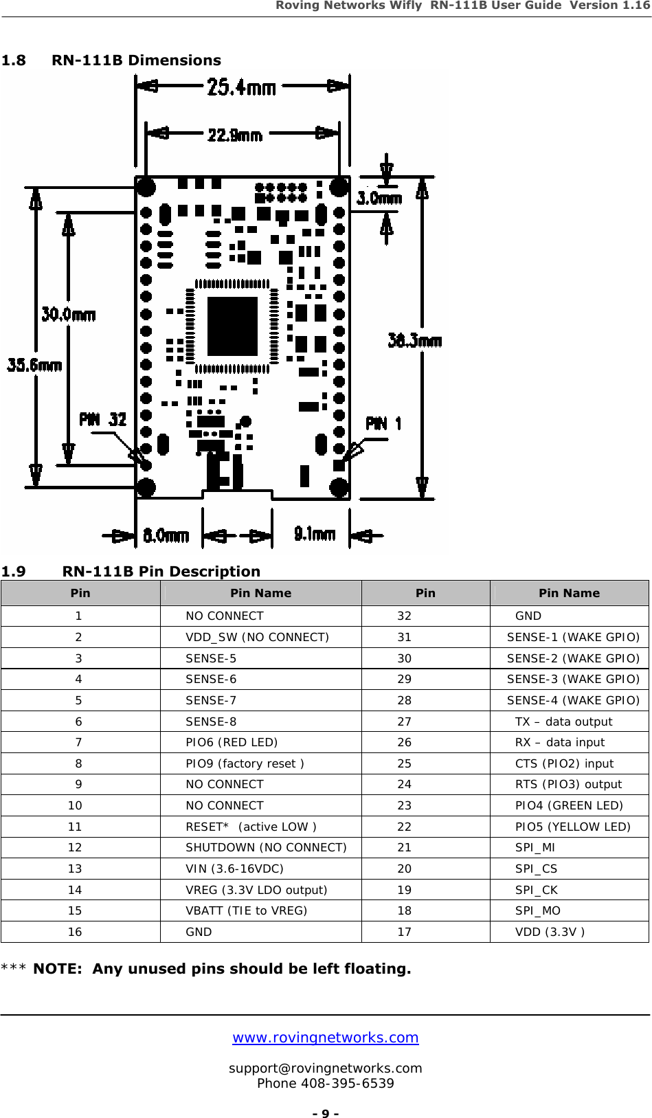 Roving Networks Wifly  RN-111B User Guide  Version 1.16   www.rovingnetworks.com  support@rovingnetworks.com Phone 408-395-6539     - 9 - 1.8 RN-111B Dimensions  1.9   RN-111B Pin Description Pin  Pin Name  Pin  Pin Name 1 NO CONNECT  32 GND 2  VDD_SW (NO CONNECT)  31     SENSE-1 (WAKE GPIO) 3  SENSE-5  30     SENSE-2 (WAKE GPIO) 4  SENSE-6  29     SENSE-3 (WAKE GPIO) 5  SENSE-7  28     SENSE-4 (WAKE GPIO) 6  SENSE-8  27  TX – data output 7  PIO6 (RED LED)  26       RX – data input 8  PIO9 (factory reset )  25  CTS (PIO2) input 9  NO CONNECT  24  RTS (PIO3) output 10  NO CONNECT  23  PIO4 (GREEN LED) 11  RESET*  (active LOW )  22  PIO5 (YELLOW LED) 12 SHUTDOWN (NO CONNECT) 21 SPI_MI 13 VIN (3.6-16VDC)  20 SPI_CS 14  VREG (3.3V LDO output)  19  SPI_CK 15  VBATT (TIE to VREG)  18  SPI_MO 16  GND  17   VDD (3.3V )  *** NOTE:  Any unused pins should be left floating.   