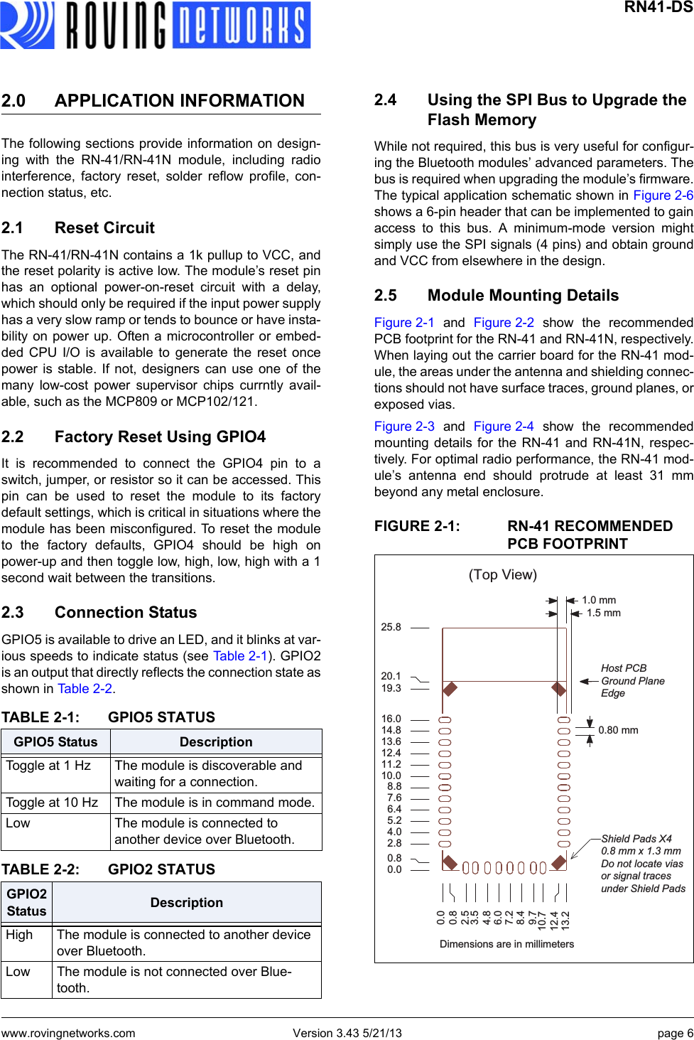 www.rovingnetworks.com Version 3.43 5/21/13 page 6 RN41-DS2.0 APPLICATION INFORMATIONThe following sections provide information on design-ing with the RN-41/RN-41N module, including radiointerference, factory reset, solder reflow profile, con-nection status, etc.2.1 Reset CircuitThe RN-41/RN-41N contains a 1k pullup to VCC, andthe reset polarity is active low. The module’s reset pinhas an optional power-on-reset circuit with a delay,which should only be required if the input power supplyhas a very slow ramp or tends to bounce or have insta-bility on power up. Often a microcontroller or embed-ded CPU I/O is available to generate the reset oncepower is stable. If not, designers can use one of themany low-cost power supervisor chips currntly avail-able, such as the MCP809 or MCP102/121.2.2 Factory Reset Using GPIO4It is recommended to connect the GPIO4 pin to aswitch, jumper, or resistor so it can be accessed. Thispin can be used to reset the module to its factorydefault settings, which is critical in situations where themodule has been misconfigured. To reset the moduleto the factory defaults, GPIO4 should be high onpower-up and then toggle low, high, low, high with a 1second wait between the transitions.2.3 Connection StatusGPIO5 is available to drive an LED, and it blinks at var-ious speeds to indicate status (see Ta b l e 2 - 1 ). GPIO2is an output that directly reflects the connection state asshown in Table 2-2.2.4 Using the SPI Bus to Upgrade the Flash MemoryWhile not required, this bus is very useful for configur-ing the Bluetooth modules’ advanced parameters. Thebus is required when upgrading the module’s firmware.The typical application schematic shown in Figure 2-6shows a 6-pin header that can be implemented to gainaccess to this bus. A minimum-mode version mightsimply use the SPI signals (4 pins) and obtain groundand VCC from elsewhere in the design.2.5 Module Mounting DetailsFigure 2-1 and Figure 2-2 show the recommendedPCB footprint for the RN-41 and RN-41N, respectively.When laying out the carrier board for the RN-41 mod-ule, the areas under the antenna and shielding connec-tions should not have surface traces, ground planes, orexposed vias. Figure 2-3 and Figure 2-4 show the recommendedmounting details for the RN-41 and RN-41N, respec-tively. For optimal radio performance, the RN-41 mod-ule’s antenna end should protrude at least 31 mmbeyond any metal enclosure. FIGURE 2-1: RN-41 RECOMMENDED PCB FOOTPRINTTABLE 2-1: GPIO5 STATUSGPIO5 Status DescriptionToggle at 1 Hz The module is discoverable and waiting for a connection.Toggle at 10 Hz The module is in command mode.Low The module is connected to another device over Bluetooth.TABLE 2-2: GPIO2 STATUSGPIO2 Status DescriptionHigh The module is connected to another device over Bluetooth.Low The module is not connected over Blue-tooth.Host PCBGround PlaneEdgeShield Pads X40.8 mm x 1.3 mmDo not locate viasor signal traces under Shield PadsPPPPPP7RS9LHZ&apos;LPHQVLRQVDUHLQPLOOLPHWHUV