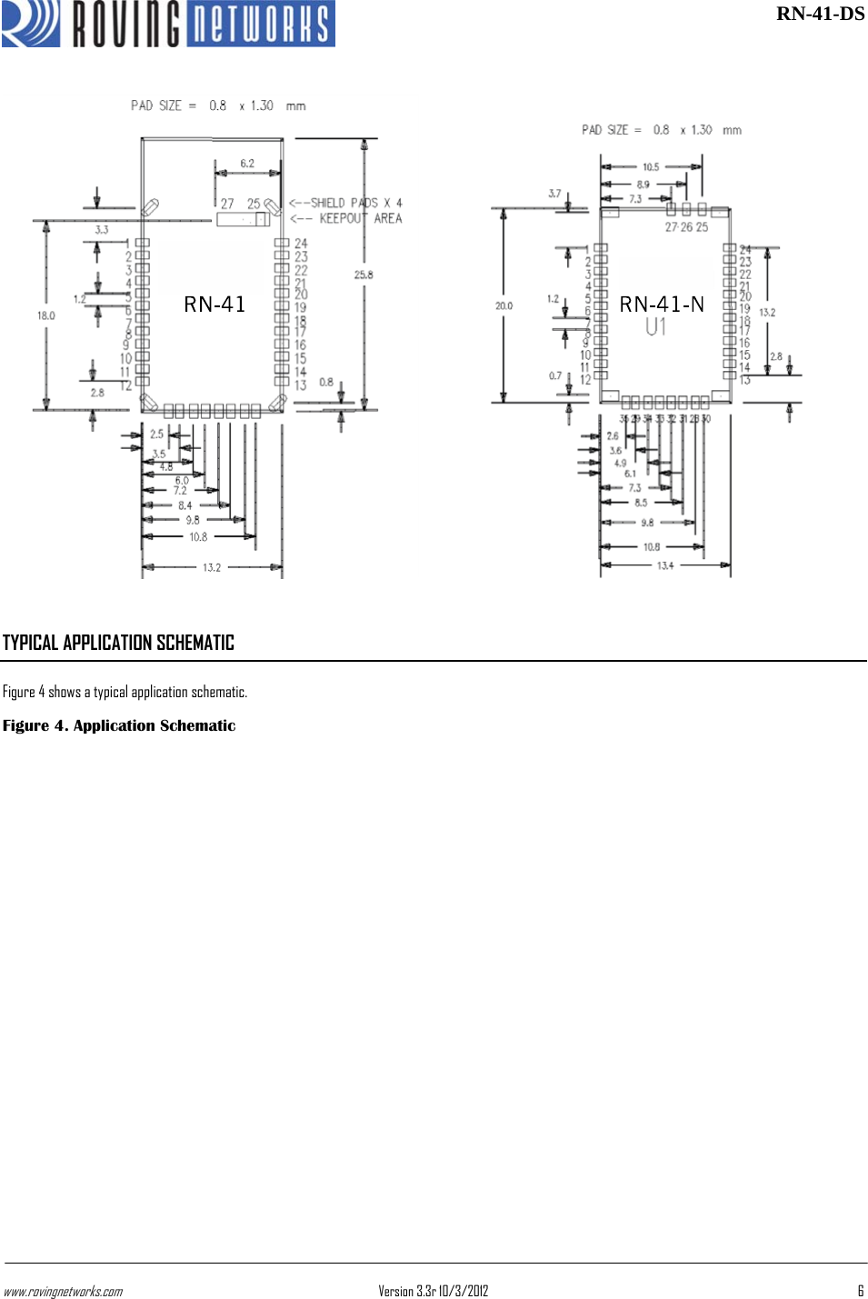 www.rovingnetworks.com Version 3.3r 10/3/2012  6 RN-41-DSTYPICAL APPLICATION SCHEMATIC Figure 4 shows a typical application schematic. Figure 4. Application Schematic 