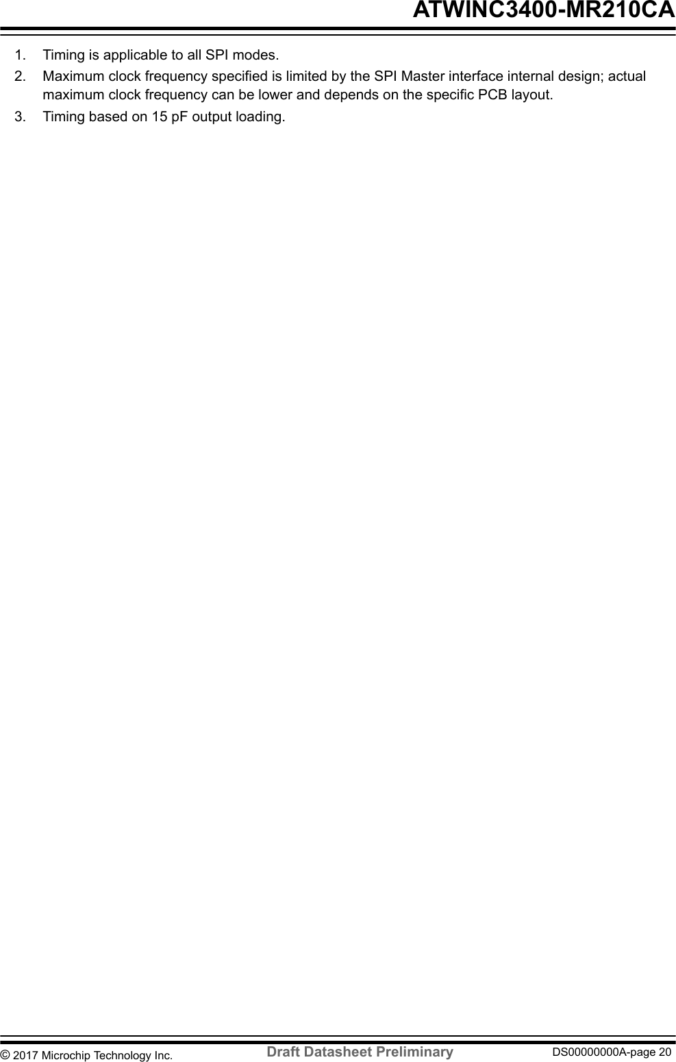1. Timing is applicable to all SPI modes.2. Maximum clock frequency specified is limited by the SPI Master interface internal design; actualmaximum clock frequency can be lower and depends on the specific PCB layout.3. Timing based on 15 pF output loading. ATWINC3400-MR210CA© 2017 Microchip Technology Inc.  Draft Datasheet Preliminary DS00000000A-page 20