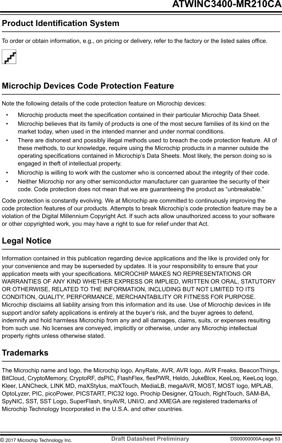 Product Identification SystemTo order or obtain information, e.g., on pricing or delivery, refer to the factory or the listed sales office.Microchip Devices Code Protection FeatureNote the following details of the code protection feature on Microchip devices:• Microchip products meet the specification contained in their particular Microchip Data Sheet.• Microchip believes that its family of products is one of the most secure families of its kind on themarket today, when used in the intended manner and under normal conditions.• There are dishonest and possibly illegal methods used to breach the code protection feature. All ofthese methods, to our knowledge, require using the Microchip products in a manner outside theoperating specifications contained in Microchip’s Data Sheets. Most likely, the person doing so isengaged in theft of intellectual property.• Microchip is willing to work with the customer who is concerned about the integrity of their code.• Neither Microchip nor any other semiconductor manufacturer can guarantee the security of theircode. Code protection does not mean that we are guaranteeing the product as “unbreakable.”Code protection is constantly evolving. We at Microchip are committed to continuously improving thecode protection features of our products. Attempts to break Microchip’s code protection feature may be aviolation of the Digital Millennium Copyright Act. If such acts allow unauthorized access to your softwareor other copyrighted work, you may have a right to sue for relief under that Act.Legal NoticeInformation contained in this publication regarding device applications and the like is provided only foryour convenience and may be superseded by updates. It is your responsibility to ensure that yourapplication meets with your specifications. MICROCHIP MAKES NO REPRESENTATIONS ORWARRANTIES OF ANY KIND WHETHER EXPRESS OR IMPLIED, WRITTEN OR ORAL, STATUTORYOR OTHERWISE, RELATED TO THE INFORMATION, INCLUDING BUT NOT LIMITED TO ITSCONDITION, QUALITY, PERFORMANCE, MERCHANTABILITY OR FITNESS FOR PURPOSE.Microchip disclaims all liability arising from this information and its use. Use of Microchip devices in lifesupport and/or safety applications is entirely at the buyer’s risk, and the buyer agrees to defend,indemnify and hold harmless Microchip from any and all damages, claims, suits, or expenses resultingfrom such use. No licenses are conveyed, implicitly or otherwise, under any Microchip intellectualproperty rights unless otherwise stated.TrademarksThe Microchip name and logo, the Microchip logo, AnyRate, AVR, AVR logo, AVR Freaks, BeaconThings,BitCloud, CryptoMemory, CryptoRF, dsPIC, FlashFlex, flexPWR, Heldo, JukeBlox, KeeLoq, KeeLoq logo,Kleer, LANCheck, LINK MD, maXStylus, maXTouch, MediaLB, megaAVR, MOST, MOST logo, MPLAB,OptoLyzer, PIC, picoPower, PICSTART, PIC32 logo, Prochip Designer, QTouch, RightTouch, SAM-BA,SpyNIC, SST, SST Logo, SuperFlash, tinyAVR, UNI/O, and XMEGA are registered trademarks ofMicrochip Technology Incorporated in the U.S.A. and other countries. ATWINC3400-MR210CA© 2017 Microchip Technology Inc.  Draft Datasheet Preliminary DS00000000A-page 53