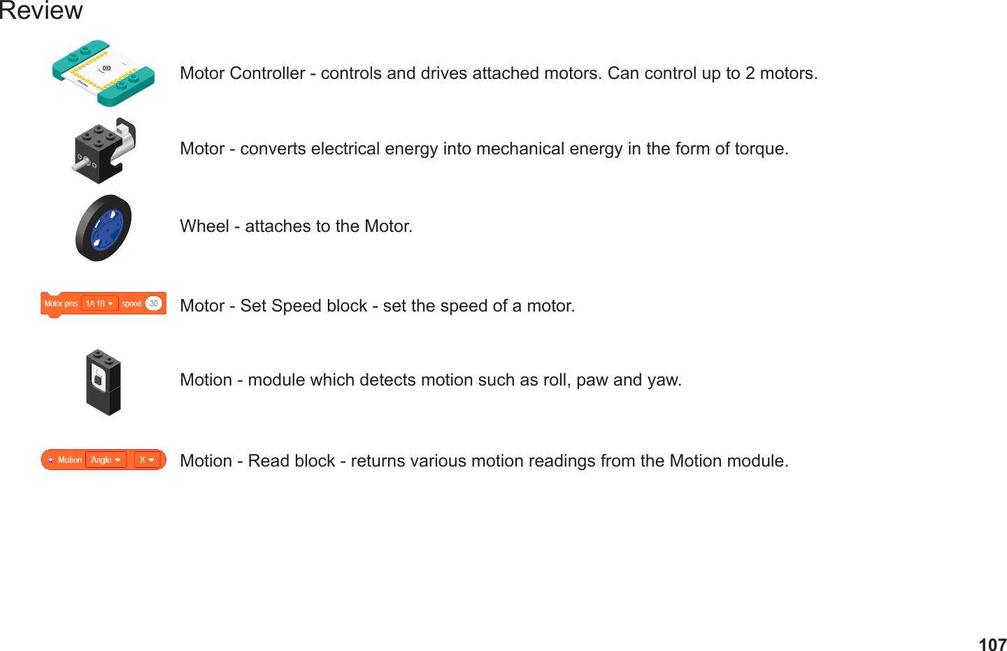 107ReviewMotor Controller - controls and drives attached motors. Can control up to 2 motors.Motor - converts electrical energy into mechanical energy in the form of torque.Motor - Set Speed block - set the speed of a motor.Motion - module which detects motion such as roll, paw and yaw.Motion - Read block - returns various motion readings from the Motion module.Wheel - attaches to the Motor.