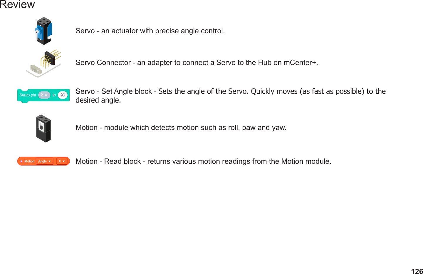 126ReviewServo - an actuator with precise angle control.Servo Connector - an adapter to connect a Servo to the Hub on mCenter+.Servo - Set Angle block - Sets the angle of the Servo. Quickly moves (as fast as possible) to the desired angle.Motion - module which detects motion such as roll, paw and yaw.Motion - Read block - returns various motion readings from the Motion module.