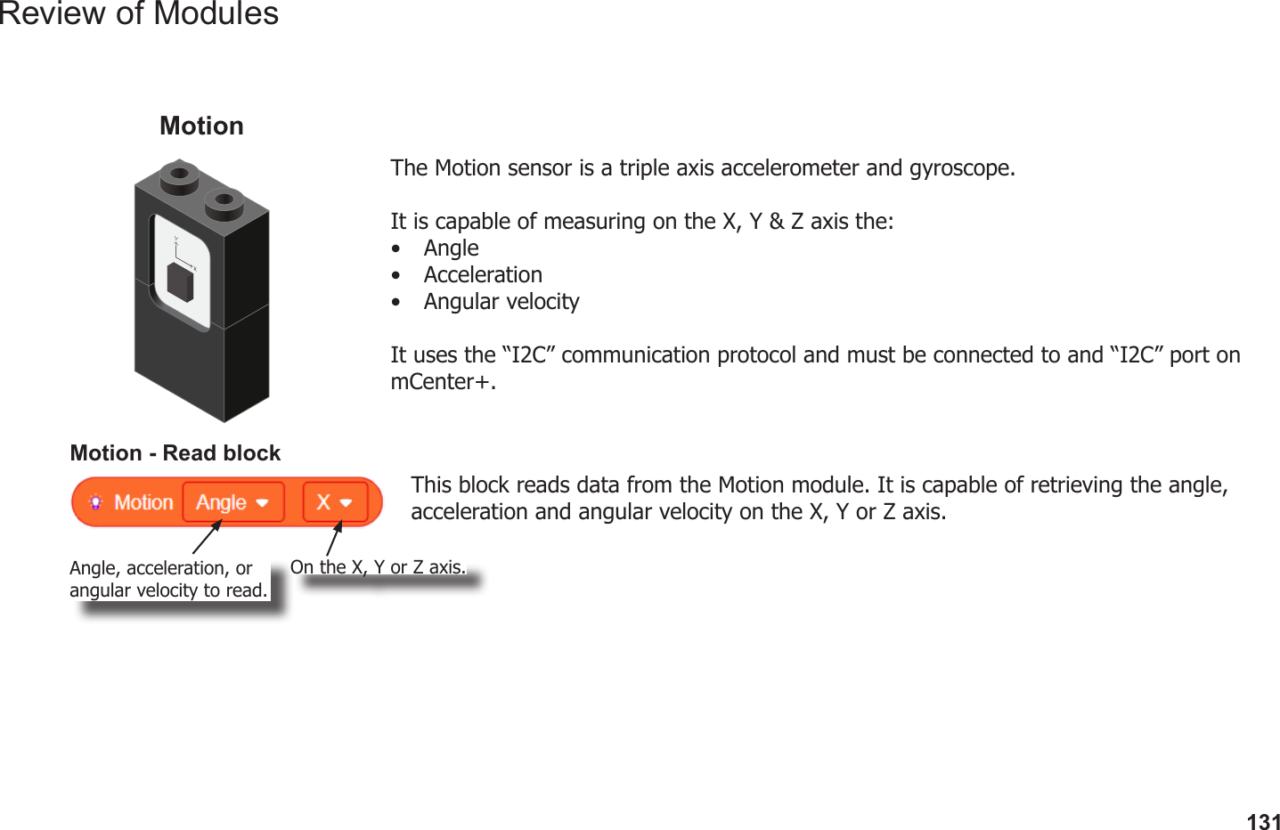 131Review of ModulesThe Motion sensor is a triple axis accelerometer and gyroscope.It is capable of measuring on the X, Y &amp; Z axis the:•  Angle•  Acceleration•  Angular velocityIt uses the “I2C” communication protocol and must be connected to and “I2C” port on mCenter+.MotionMotion - Read blockThis block reads data from the Motion module. It is capable of retrieving the angle, acceleration and angular velocity on the X, Y or Z axis.Angle, acceleration, or angular velocity to read.On the X, Y or Z axis.