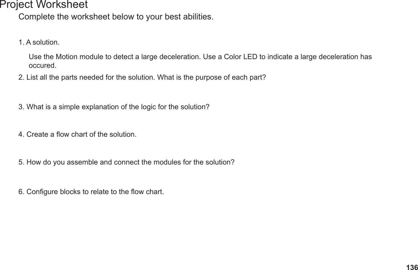 136Project WorksheetComplete the worksheet below to your best abilities.1. A solution.2. List all the parts needed for the solution. What is the purpose of each part?3. What is a simple explanation of the logic for the solution?4. Create a ow chart of the solution.5. How do you assemble and connect the modules for the solution?6. Congure blocks to relate to the ow chart.Use the Motion module to detect a large deceleration. Use a Color LED to indicate a large deceleration has occured.