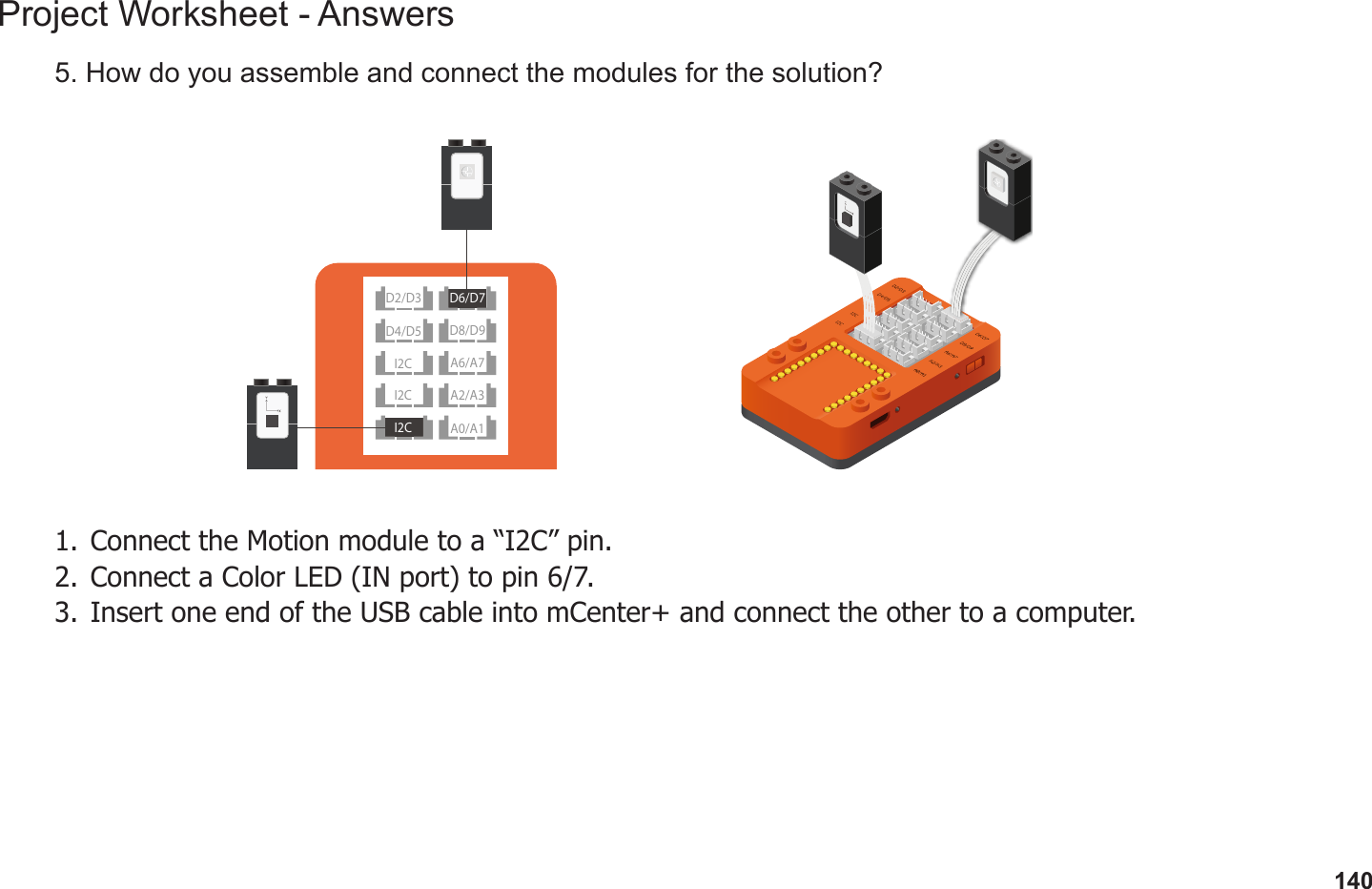 140Project Worksheet - Answers5. How do you assemble and connect the modules for the solution?1.  Connect the Motion module to a “I2C” pin.2.  Connect a Color LED (IN port) to pin 6/7.3.  Insert one end of the USB cable into mCenter+ and connect the other to a computer.D2/D3D8/D9I2C A2/A3I2CD4/D5A6/A7A0/A1I2CD6/D7