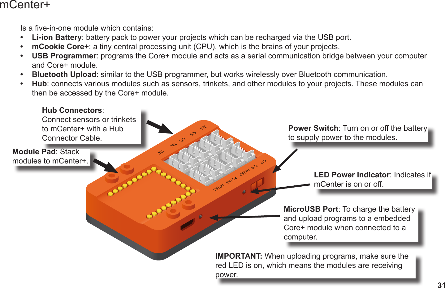 31mCenter+Is a ve-in-one module which contains:•  Li-ion Battery: battery pack to power your projects which can be recharged via the USB port.•  mCookie Core+: a tiny central processing unit (CPU), which is the brains of your projects.•  USB Programmer: programs the Core+ module and acts as a serial communication bridge between your computer and Core+ module.•  Bluetooth Upload: similar to the USB programmer, but works wirelessly over Bluetooth communication.•  Hub: connects various modules such as sensors, trinkets, and other modules to your projects. These modules can then be accessed by the Core+ module.MicroUSB Port: To charge the battery and upload programs to a embedded Core+ module when connected to a computer.IMPORTANT: When uploading programs, make sure the red LED is on, which means the modules are receiving power.Power Switch: Turn on or o the battery to supply power to the modules.LED Power Indicator: Indicates if mCenter is on or o.Hub Connectors: Connect sensors or trinkets to mCenter+ with a Hub Connector Cable.Module Pad: Stack modules to mCenter+.