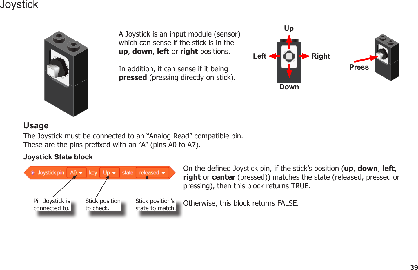 39A Joystick is an input module (sensor) which can sense if the stick is in the up, down, left or right positions.In addition, it can sense if it being pressed (pressing directly on stick).UpLeft RightDownPressUsageThe Joystick must be connected to an “Analog Read” compatible pin. These are the pins prexed with an “A” (pins A0 to A7).Joystick State blockOn the dened Joystick pin, if the stick’s position (up, down, left, right or center (pressed)) matches the state (released, pressed or pressing), then this block returns TRUE. Otherwise, this block returns FALSE.Pin Joystick is connected to.Stick position to check.Stick position’s state to match.Joystick