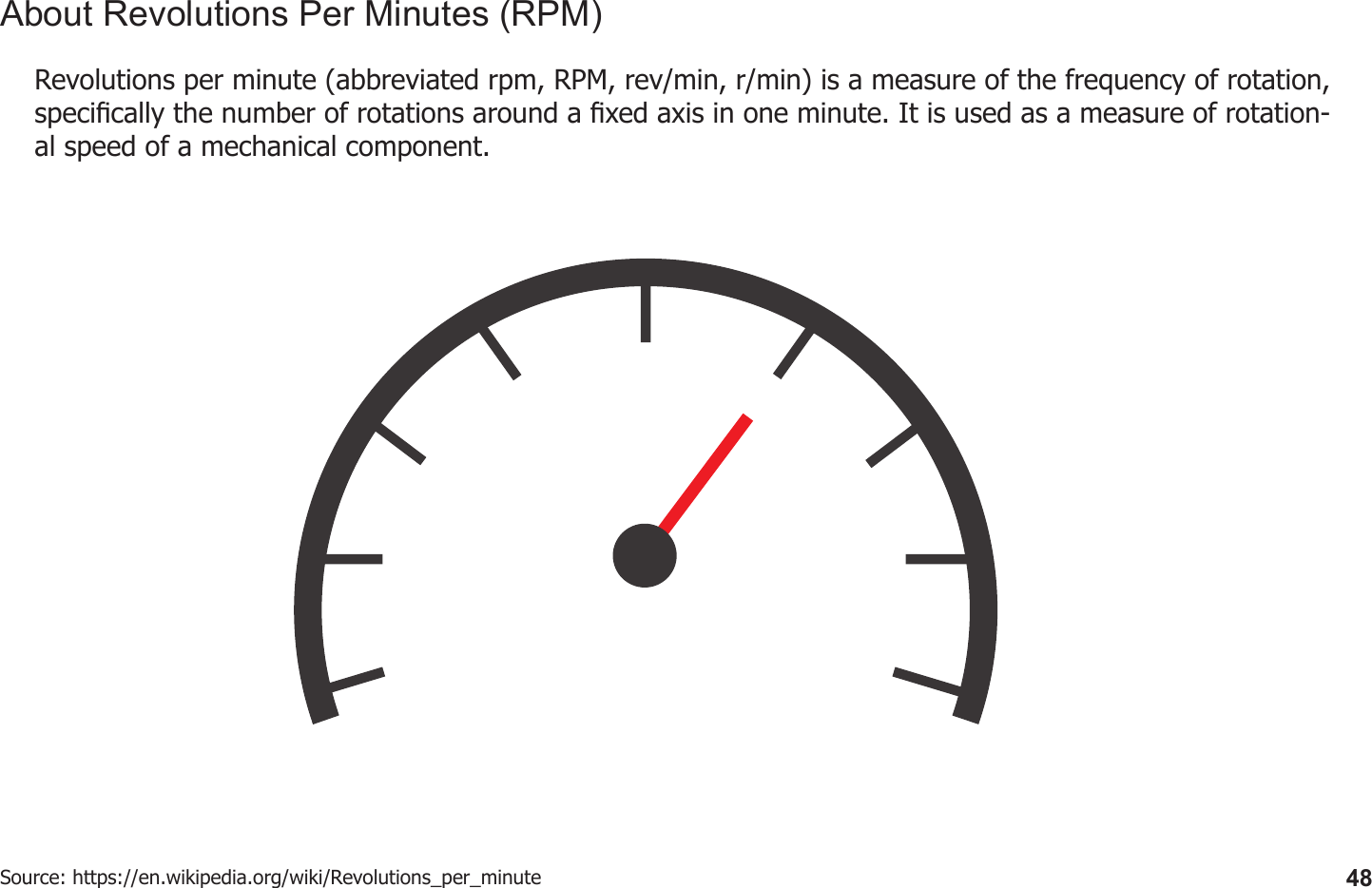 48About Revolutions Per Minutes (RPM)Revolutions per minute (abbreviated rpm, RPM, rev/min, r/min) is a measure of the frequency of rotation, specically the number of rotations around a xed axis in one minute. It is used as a measure of rotation-al speed of a mechanical component. Source: https://en.wikipedia.org/wiki/Revolutions_per_minute