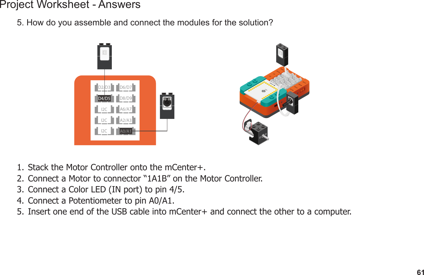 61Project Worksheet - Answers5. How do you assemble and connect the modules for the solution?1.  Stack the Motor Controller onto the mCenter+.2.  Connect a Motor to connector “1A1B” on the Motor Controller.3.  Connect a Color LED (IN port) to pin 4/5.4.  Connect a Potentiometer to pin A0/A1.5.  Insert one end of the USB cable into mCenter+ and connect the other to a computer.D2/D3D8/D9I2C A2/A3I2CD4/D5A6/A7A0/A1I2CD6/D7