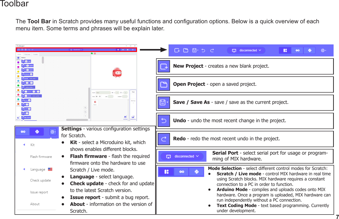 7ToolbarThe Tool Bar in Scratch provides many useful functions and conguration options. Below is a quick overview of each menu item. Some terms and phrases will be explain later.New Project - creates a new blank project.Open Project - open a saved project.Save / Save As - save / save as the current project.Undo - undo the most recent change in the project.Redo - redo the most recent undo in the project.Settings - various conguration settings for Scratch.•  Kit - select a Microduino kit, which shows enables dierent blocks.•  Flash rmware - ash the required rmware onto the hardware to use Scratch / Live mode.•  Language - select language.•  Check update - check for and update to the latest Scratch version.•  Issue report - submit a bug report.•  About - information on the version of Scratch.Mode Selection - select dierent control modes for Scratch:•  Scratch / Live mode - control MIX hardware in real time using Scratch blocks. MIX hardware requires a constant connection to a PC in order to function.•  Arduino Mode - compiles and uploads codes onto MIX hardware. Once a program is uploaded, MIX hardware can run independently without a PC connection.•  Text Coding Mode - text based programming. Currently under development. Serial Port - select serial port for usage or program-ming of MIX hardware.