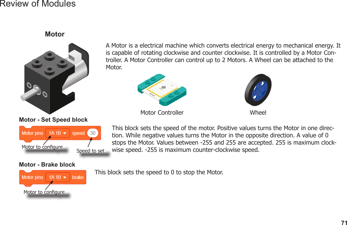 71Review of ModulesA Motor is a electrical machine which converts electrical energy to mechanical energy. It is capable of rotating clockwise and counter clockwise. It is controlled by a Motor Con-troller. A Motor Controller can control up to 2 Motors. A Wheel can be attached to the Motor.MotorMotor Controller WheelMotor - Set Speed blockThis block sets the speed of the motor. Positive values turns the Motor in one direc-tion. While negative values turns the Motor in the opposite direction. A value of 0 stops the Motor. Values between -255 and 255 are accepted. 255 is maximum clock-wise speed. -255 is maximum counter-clockwise speed.Motor - Brake blockThis block sets the speed to 0 to stop the Motor.Motor to congure.Motor to congure.Speed to set.