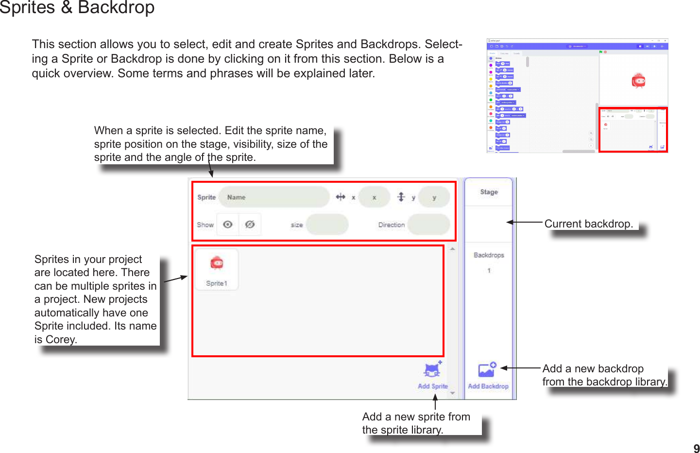 9Sprites &amp; BackdropThis section allows you to select, edit and create Sprites and Backdrops. Select-ing a Sprite or Backdrop is done by clicking on it from this section. Below is a quick overview. Some terms and phrases will be explained later.Sprites in your project are located here. There can be multiple sprites in a project. New projects automatically have one Sprite included. Its name is Corey.Add a new sprite from the sprite library.Add a new backdrop from the backdrop library.Current backdrop.When a sprite is selected. Edit the sprite name, sprite position on the stage, visibility, size of the sprite and the angle of the sprite.