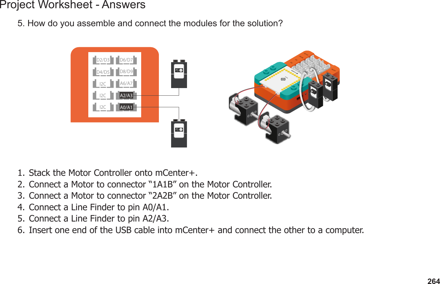 264Project Worksheet - Answers5. How do you assemble and connect the modules for the solution?1.  Stack the Motor Controller onto mCenter+.2.  Connect a Motor to connector “1A1B” on the Motor Controller.3.  Connect a Motor to connector “2A2B” on the Motor Controller.4.  Connect a Line Finder to pin A0/A1.5.  Connect a Line Finder to pin A2/A3.6.  Insert one end of the USB cable into mCenter+ and connect the other to a computer.D2/D3D8/D9I2C A2/A3I2CD4/D5A6/A7A0/A1I2CD6/D7D2/D3D8/D9I2C A2/A3I2CD4/D5A6/A7A0/A1I2CD6/D7