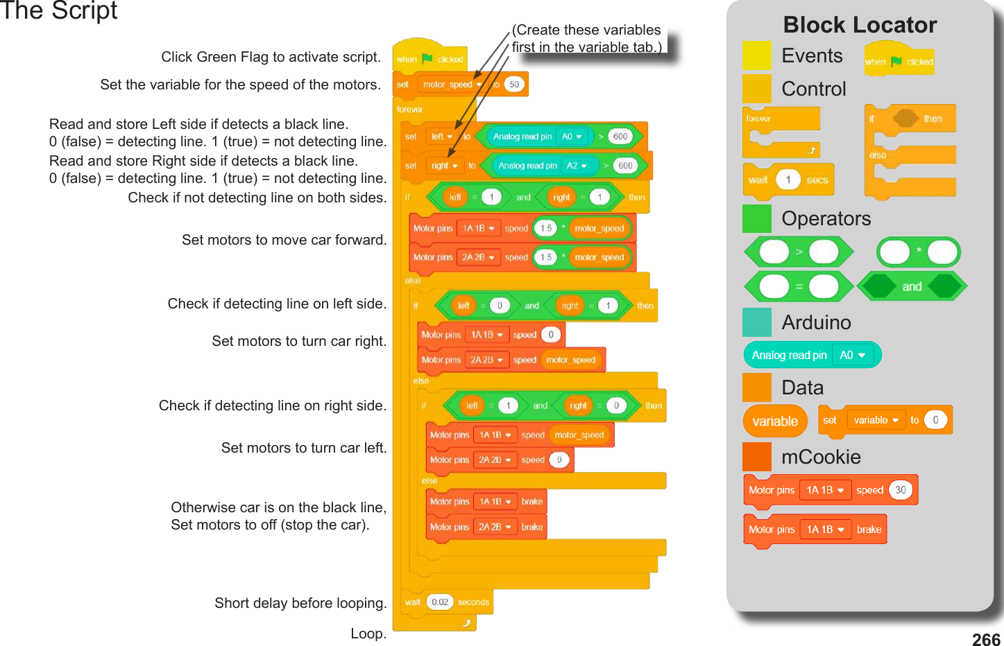 266The Script Block LocatorLoop.Click Green Flag to activate script.Short delay before looping.(Create these variables rst in the variable tab.)Set the variable for the speed of the motors.Read and store Left side if detects a black line.0 (false) = detecting line. 1 (true) = not detecting line.Read and store Right side if detects a black line.0 (false) = detecting line. 1 (true) = not detecting line.Check if not detecting line on both sides.Set motors to move car forward.Otherwise car is on the black line,Set motors to o (stop the car).Set motors to turn car right.Set motors to turn car left.Check if detecting line on left side.Check if detecting line on right side.ControlEventsmCookieDataOperatorsArduino