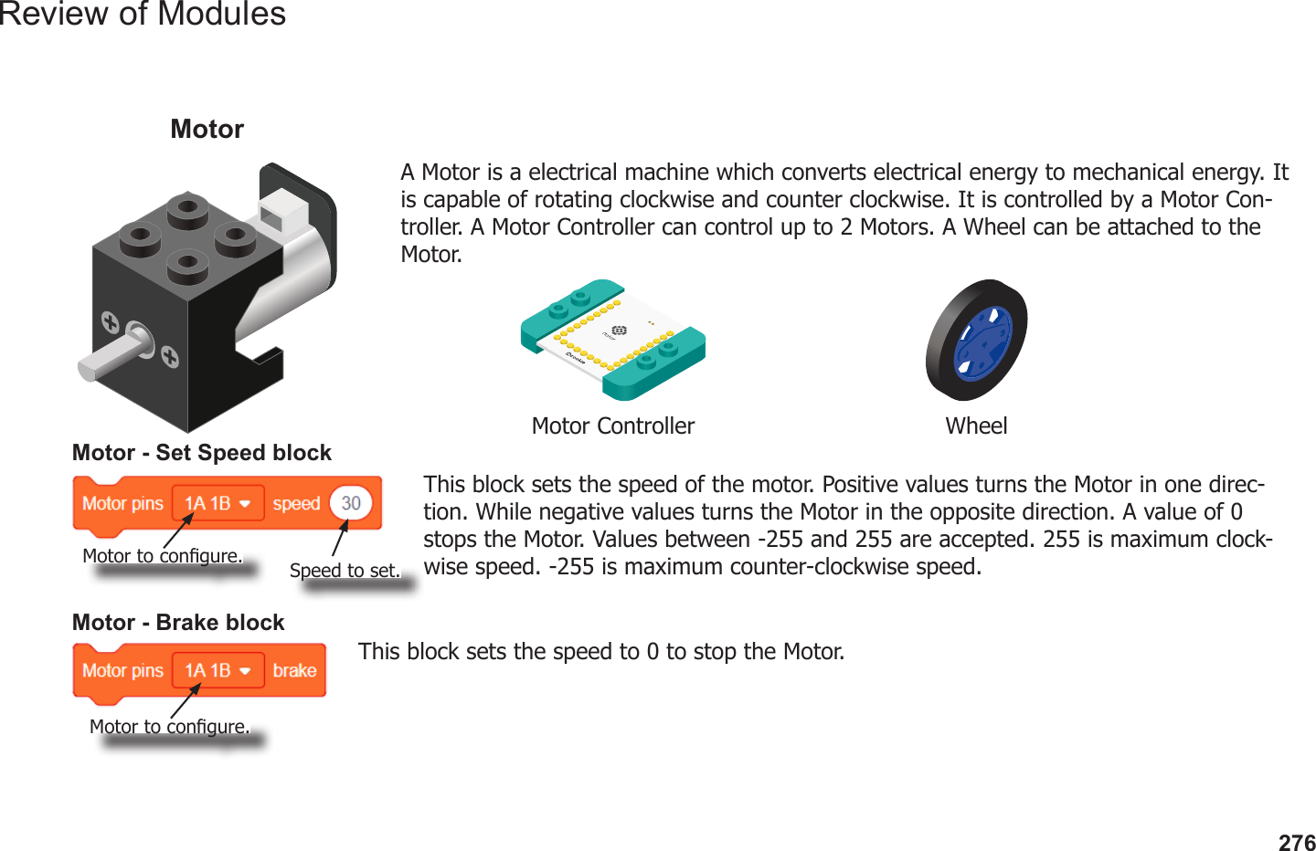 276Review of ModulesA Motor is a electrical machine which converts electrical energy to mechanical energy. It is capable of rotating clockwise and counter clockwise. It is controlled by a Motor Con-troller. A Motor Controller can control up to 2 Motors. A Wheel can be attached to the Motor.MotorMotor Controller WheelMotor - Set Speed blockThis block sets the speed of the motor. Positive values turns the Motor in one direc-tion. While negative values turns the Motor in the opposite direction. A value of 0 stops the Motor. Values between -255 and 255 are accepted. 255 is maximum clock-wise speed. -255 is maximum counter-clockwise speed.Motor - Brake blockThis block sets the speed to 0 to stop the Motor.Motor to congure.Motor to congure.Speed to set.