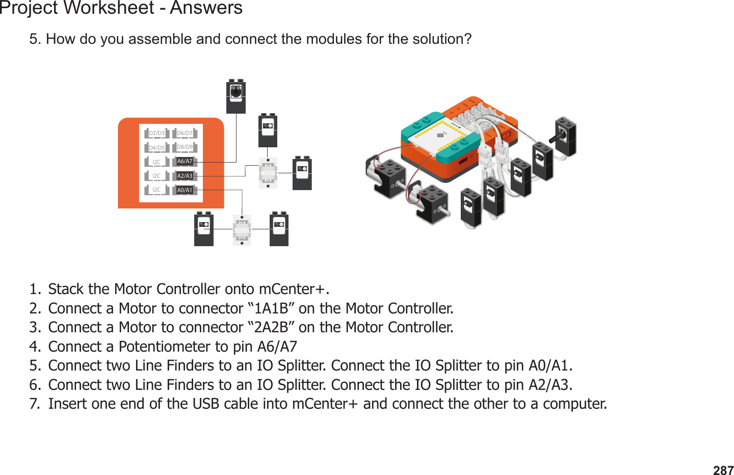 287Project Worksheet - Answers5. How do you assemble and connect the modules for the solution?1.  Stack the Motor Controller onto mCenter+.2.  Connect a Motor to connector “1A1B” on the Motor Controller.3.  Connect a Motor to connector “2A2B” on the Motor Controller.4.  Connect a Potentiometer to pin A6/A75.  Connect two Line Finders to an IO Splitter. Connect the IO Splitter to pin A0/A1.6.  Connect two Line Finders to an IO Splitter. Connect the IO Splitter to pin A2/A3.7.  Insert one end of the USB cable into mCenter+ and connect the other to a computer.D2/D3D8/D9I2C A2/A3I2CD4/D5A6/A7I2CD6/D7A0/A1IN BIN B