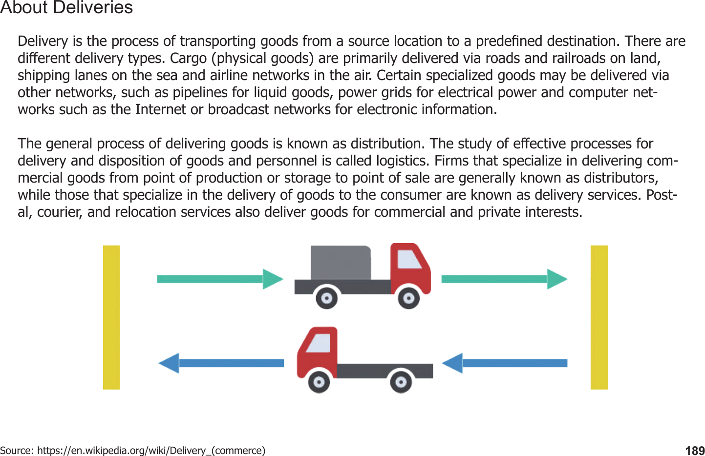 189Delivery is the process of transporting goods from a source location to a predened destination. There are dierent delivery types. Cargo (physical goods) are primarily delivered via roads and railroads on land, shipping lanes on the sea and airline networks in the air. Certain specialized goods may be delivered via other networks, such as pipelines for liquid goods, power grids for electrical power and computer net-works such as the Internet or broadcast networks for electronic information.The general process of delivering goods is known as distribution. The study of eective processes for delivery and disposition of goods and personnel is called logistics. Firms that specialize in delivering com-mercial goods from point of production or storage to point of sale are generally known as distributors, while those that specialize in the delivery of goods to the consumer are known as delivery services. Post-al, courier, and relocation services also deliver goods for commercial and private interests.Source: https://en.wikipedia.org/wiki/Delivery_(commerce)About Deliveries