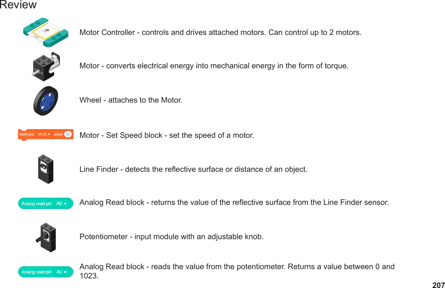 207ReviewMotor Controller - controls and drives attached motors. Can control up to 2 motors.Motor - converts electrical energy into mechanical energy in the form of torque.Motor - Set Speed block - set the speed of a motor.Wheel - attaches to the Motor.Line Finder - detects the reective surface or distance of an object.Analog Read block - returns the value of the reective surface from the Line Finder sensor.Potentiometer - input module with an adjustable knob.Analog Read block - reads the value from the potentiometer. Returns a value between 0 and 1023.