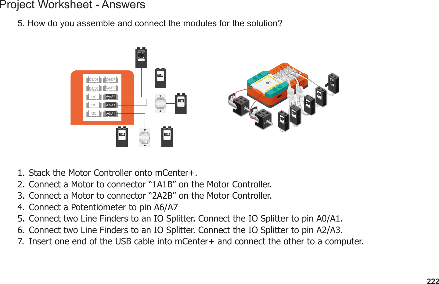 222Project Worksheet - Answers5. How do you assemble and connect the modules for the solution?1.  Stack the Motor Controller onto mCenter+.2.  Connect a Motor to connector “1A1B” on the Motor Controller.3.  Connect a Motor to connector “2A2B” on the Motor Controller.4.  Connect a Potentiometer to pin A6/A75.  Connect two Line Finders to an IO Splitter. Connect the IO Splitter to pin A0/A1.6.  Connect two Line Finders to an IO Splitter. Connect the IO Splitter to pin A2/A3.7.  Insert one end of the USB cable into mCenter+ and connect the other to a computer.D2/D3D8/D9I2C A2/A3I2CD4/D5A6/A7I2CD6/D7A0/A1IN BIN B