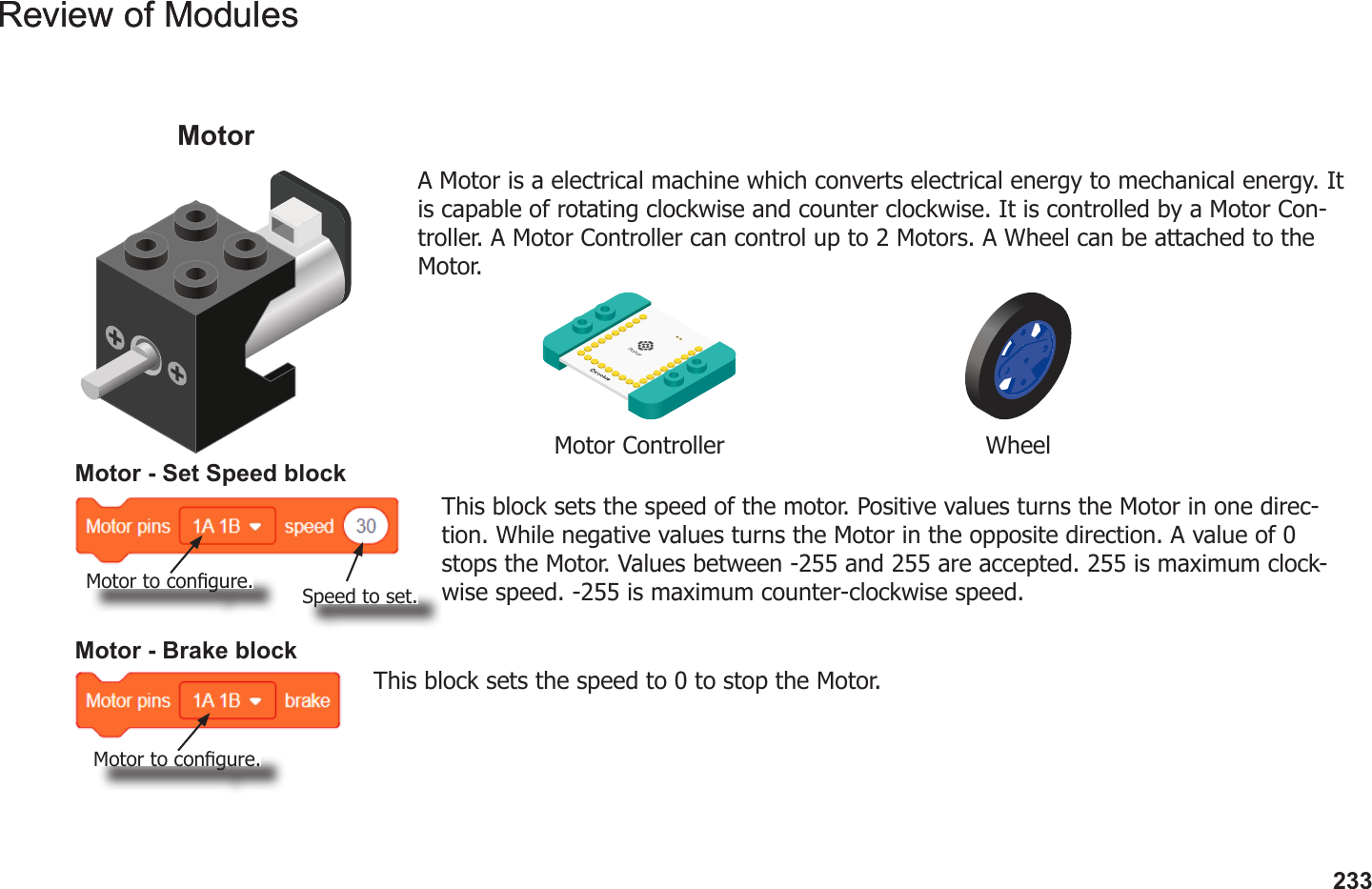 233Review of ModulesReview of ModulesA Motor is a electrical machine which converts electrical energy to mechanical energy. It is capable of rotating clockwise and counter clockwise. It is controlled by a Motor Con-troller. A Motor Controller can control up to 2 Motors. A Wheel can be attached to the Motor.MotorMotor Controller WheelMotor - Set Speed blockThis block sets the speed of the motor. Positive values turns the Motor in one direc-tion. While negative values turns the Motor in the opposite direction. A value of 0 stops the Motor. Values between -255 and 255 are accepted. 255 is maximum clock-wise speed. -255 is maximum counter-clockwise speed.Motor - Brake blockThis block sets the speed to 0 to stop the Motor.Motor to congure.Motor to congure.Speed to set.