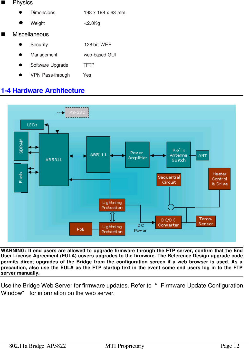 802.11a Bridge AP5822 MTI Proprietary Page 12 n Physics l Dimensions           198 x 198 x 63 mm l Weight                &lt;2.0Kg n Miscellaneous l Security              128-bit WEP l Management           web-based GUI l Software Upgrade      TFTP  l VPN Pass-through     Yes 1-4 Hardware Architecture  WARNING: If end users are allowed to upgrade firmware through the FTP server, confirm that the End User License Agreement (EULA) covers upgrades to the firmware. The Reference Design upgrade code permits direct upgrades of the Bridge from the configuration screen if a web browser is used. As a precaution, also use the EULA as the FTP startup text in the event some end users log in to the FTP server manually. Use the Bridge Web Server for firmware updates. Refer to  “Firmware Update Configuration Window” for information on the web server. 