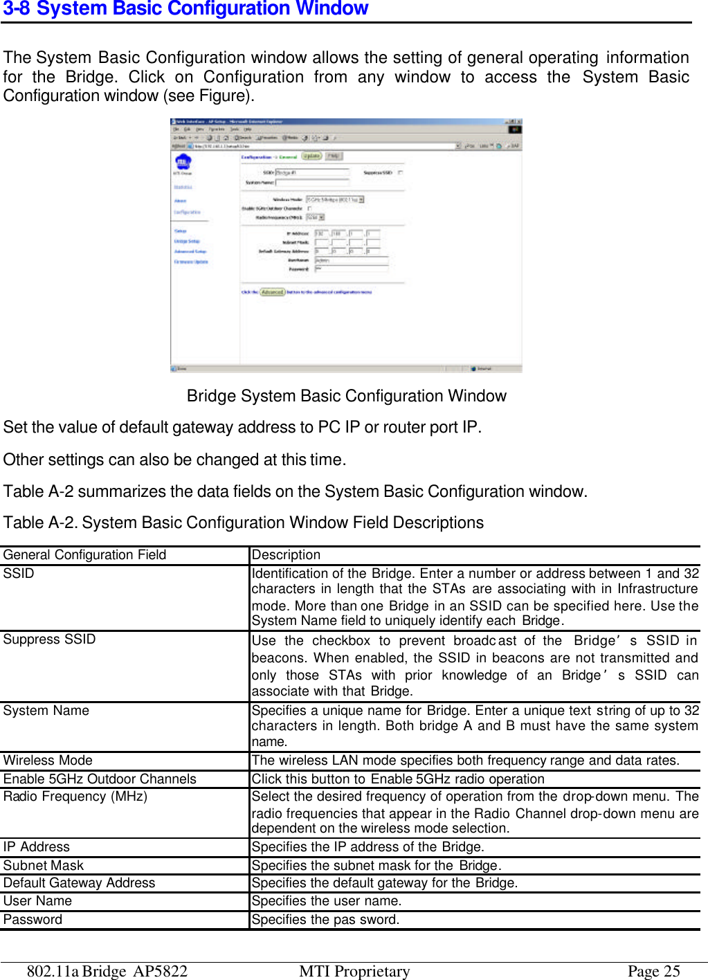 802.11a Bridge AP5822 MTI Proprietary Page 25 3-8 System Basic Configuration Window The System Basic Configuration window allows the setting of general operating information for the Bridge. Click on Configuration from any window to access the System Basic Configuration window (see Figure).  Bridge System Basic Configuration Window Set the value of default gateway address to PC IP or router port IP. Other settings can also be changed at this time. Table A-2 summarizes the data fields on the System Basic Configuration window. Table A-2. System Basic Configuration Window Field Descriptions General Configuration Field Description SSID Identification of the Bridge. Enter a number or address between 1 and 32 characters in length that the STAs are associating with in Infrastructure mode. More than one  Bridge in an SSID can be specified here. Use the System Name field to uniquely identify each  Bridge. Suppress SSID Use the checkbox to prevent broadc ast of the  Bridge’s SSID in beacons. When enabled, the SSID in beacons are not transmitted and only those STAs with prior knowledge of an Bridge ’s SSID can associate with that Bridge. System Name Specifies a unique name for Bridge. Enter a unique text string of up to 32 characters in length. Both bridge A and B must have the same system name.  Wireless Mode The wireless LAN mode specifies both frequency range and data rates. Enable 5GHz Outdoor Channels Click this button to Enable 5GHz radio operation Radio Frequency (MHz) Select the desired frequency of operation from the drop-down menu. The radio frequencies that appear in the Radio Channel drop-down menu are dependent on the wireless mode selection. IP Address Specifies the IP address of the Bridge. Subnet Mask Specifies the subnet mask for the  Bridge. Default Gateway Address Specifies the default gateway for the Bridge. User Name Specifies the user name. Password Specifies the pas sword. 