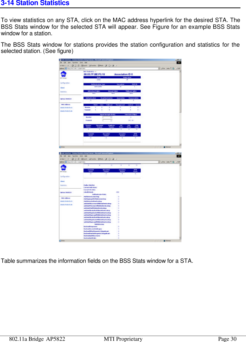 802.11a Bridge AP5822 MTI Proprietary Page 30 3-14 Station Statistics To view statistics on any STA, click on the MAC address hyperlink for the desired STA. The BSS Stats window for the selected STA will appear. See Figure for an example BSS Stats window for a station. The BSS Stats window for stations provides the station configuration and statistics for the selected station. (See figure)    Table summarizes the information fields on the BSS Stats window for a STA. 