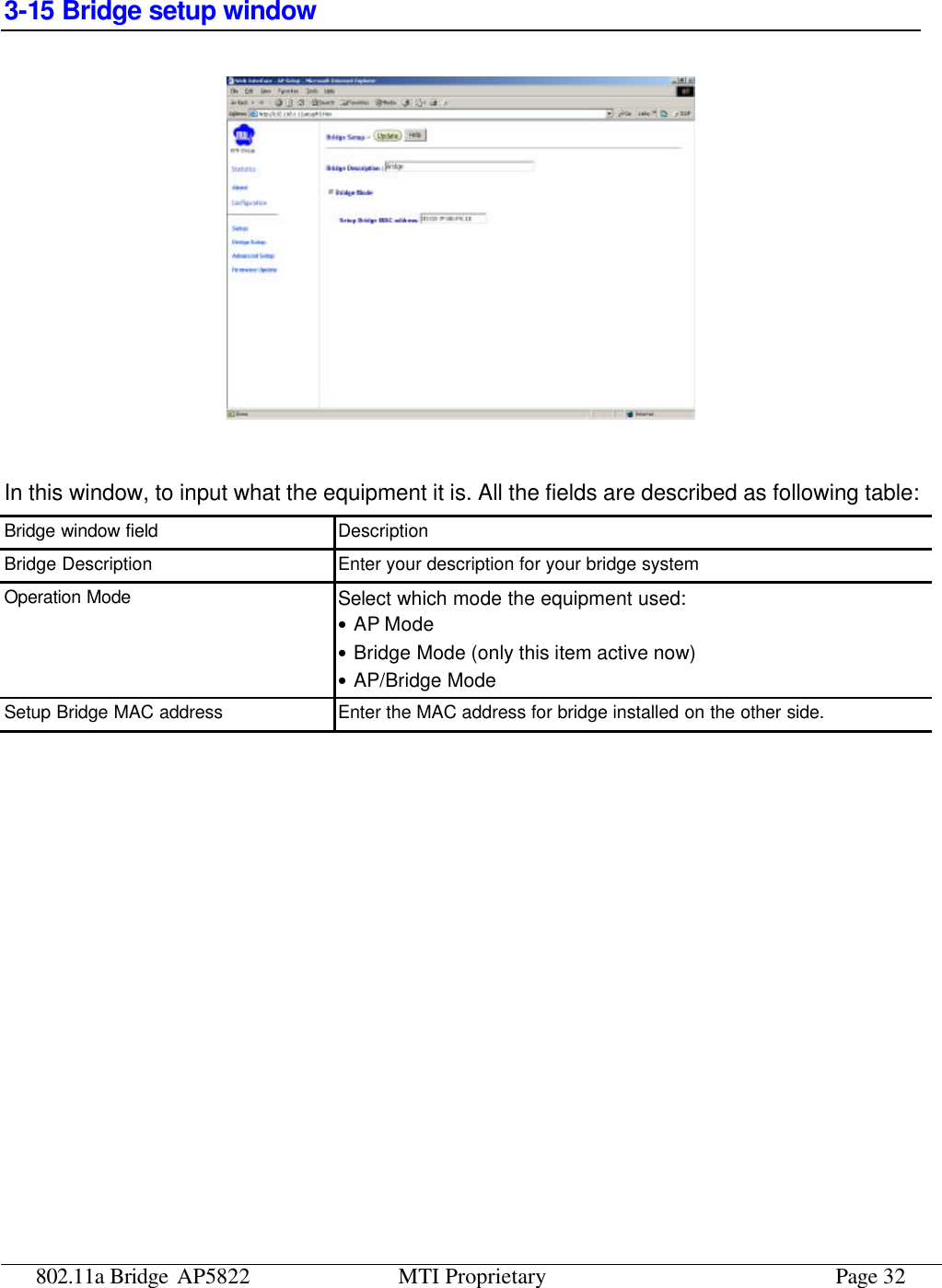 802.11a Bridge AP5822 MTI Proprietary Page 32 3-15 Bridge setup window   In this window, to input what the equipment it is. All the fields are described as following table: Bridge window field Description Bridge Description Enter your description for your bridge system Operation Mode Select which mode the equipment used: • AP Mode • Bridge Mode (only this item active now) • AP/Bridge Mode Setup Bridge MAC address Enter the MAC address for bridge installed on the other side. 