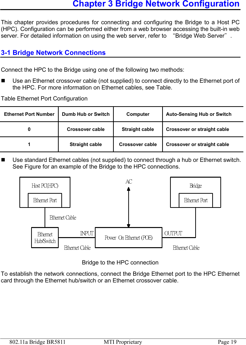 802.11a Bridge BR5811  MTI Proprietary  Page 19 Chapter 3 Bridge Network Configuration This chapter provides procedures for connecting and configuring the Bridge to a Host PC (HPC). Configuration can be performed either from a web browser accessing the built-in web server. For detailed information on using the web server, refer to  “Bridge Web Server”. 3-1 Bridge Network Connections Connect the HPC to the Bridge using one of the following two methods:     Use an Ethernet crossover cable (not supplied) to connect directly to the Ethernet port of the HPC. For more information on Ethernet cables, see Table. Table Ethernet Port Configuration Ethernet Port Number Dumb Hub or Switch Computer  Auto-Sensing Hub or Switch 0  Crossover cable  Straight cable  Crossover or straight cable 1  Straight cable  Crossover cable  Crossover or straight cable   Use standard Ethernet cables (not supplied) to connect through a hub or Ethernet switch. See Figure for an example of the Bridge to the HPC connections. Host PC(HPC) BridgeEthernetHub/SwitchEthernet PortEthernet CableEthernet CablePower  On Ethernet (POE)Ethernet CableEthernet PortINPUT OUTPUTAC Bridge to the HPC connection To establish the network connections, connect the Bridge Ethernet port to the HPC Ethernet card through the Ethernet hub/switch or an Ethernet crossover cable. 