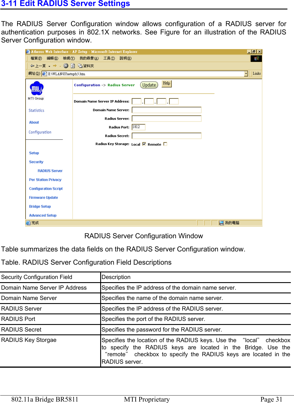 802.11a Bridge BR5811  MTI Proprietary  Page 31 3-11 Edit RADIUS Server Settings The RADIUS Server Configuration window allows configuration of a RADIUS server for authentication purposes in 802.1X networks. See Figure for an illustration of the RADIUS Server Configuration window.  RADIUS Server Configuration Window Table summarizes the data fields on the RADIUS Server Configuration window. Table. RADIUS Server Configuration Field Descriptions Security Configuration Field  Description Domain Name Server IP Address  Specifies the IP address of the domain name server. Domain Name Server  Specifies the name of the domain name server. RADIUS Server  Specifies the IP address of the RADIUS server. RADIUS Port  Specifies the port of the RADIUS server. RADIUS Secret    Specifies the password for the RADIUS server. RADIUS Key Storgae  Specifies the location of the RADIUS keys. Use the  “local”checkbox to specify the RADIUS keys are located in the Bridge. Use the “remote” checkbox to specify the RADIUS keys are located in the RADIUS server. 