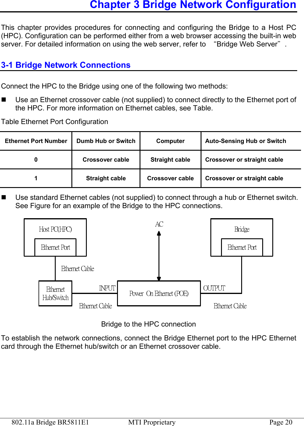 802.11a Bridge BR5811E1  MTI Proprietary  Page 20 Chapter 3 Bridge Network Configuration This chapter provides procedures for connecting and configuring the Bridge to a Host PC (HPC). Configuration can be performed either from a web browser accessing the built-in web server. For detailed information on using the web server, refer to  “Bridge Web Server”. 3-1 Bridge Network Connections Connect the HPC to the Bridge using one of the following two methods:     Use an Ethernet crossover cable (not supplied) to connect directly to the Ethernet port of the HPC. For more information on Ethernet cables, see Table. Table Ethernet Port Configuration Ethernet Port Number  Dumb Hub or Switch Computer  Auto-Sensing Hub or Switch 0  Crossover cable  Straight cable  Crossover or straight cable 1  Straight cable  Crossover cable  Crossover or straight cable   Use standard Ethernet cables (not supplied) to connect through a hub or Ethernet switch. See Figure for an example of the Bridge to the HPC connections. Host PC(HPC) BridgeEthernetHub/SwitchEthernet PortEthernet CableEthernet CablePower  On Ethernet (POE)Ethernet CableEthernet PortINPUT OUTPUTAC Bridge to the HPC connection To establish the network connections, connect the Bridge Ethernet port to the HPC Ethernet card through the Ethernet hub/switch or an Ethernet crossover cable. 