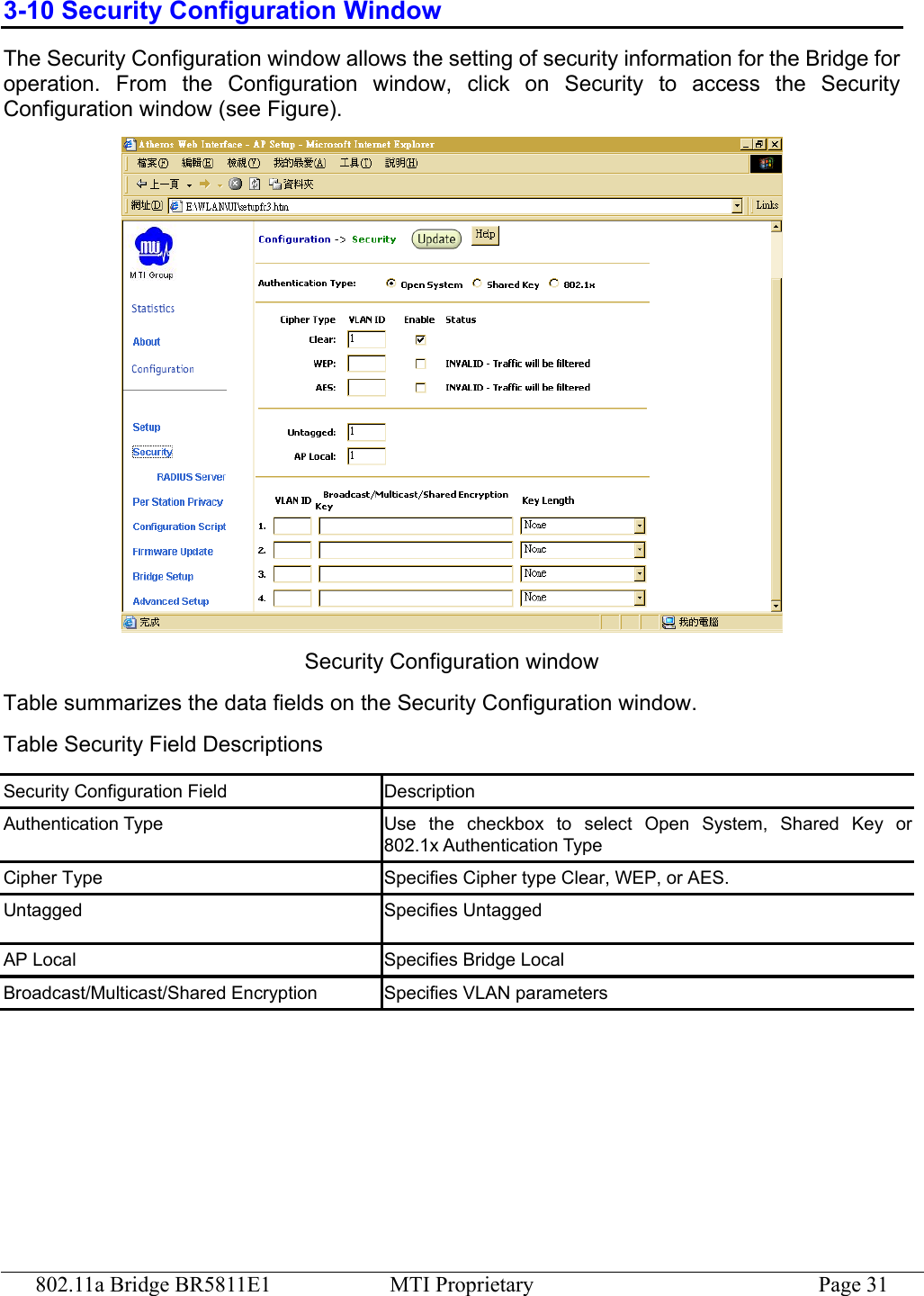 802.11a Bridge BR5811E1  MTI Proprietary  Page 31 3-10 Security Configuration Window The Security Configuration window allows the setting of security information for the Bridge for operation. From the Configuration window, click on Security to access the Security Configuration window (see Figure).  Security Configuration window Table summarizes the data fields on the Security Configuration window. Table Security Field Descriptions Security Configuration Field  Description Authentication Type  Use the checkbox to select Open System, Shared Key or 802.1x Authentication Type Cipher Type  Specifies Cipher type Clear, WEP, or AES. Untagged Specifies Untagged AP Local  Specifies Bridge Local Broadcast/Multicast/Shared Encryption  Specifies VLAN parameters 