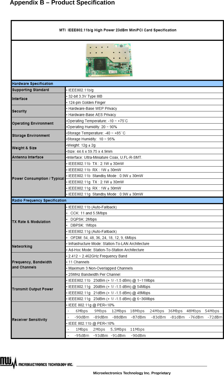 Appendix B – Product Specification     Microelectronics Technology Inc. Proprietary 