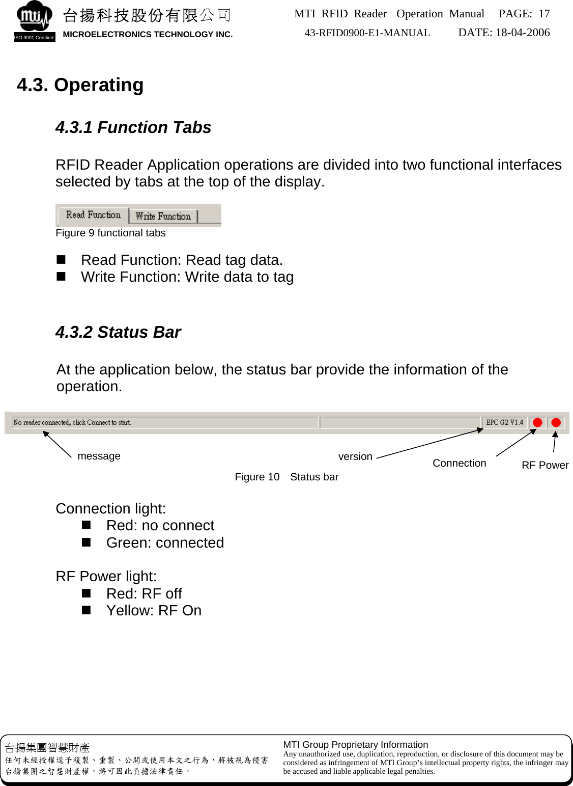 MTI RFID Reader  Operation Manual PAGE: 17 43-RFID0900-E1-MANUAL   DATE: 18-04-2006  台揚科技股份有限公司 MICROELECTRONICS TECHNOLOGY INC. ISO 9001 Certified   4.3. Operating   4.3.1 Function Tabs      RFID Reader Application operations are divided into two functional interfaces   selected by tabs at the top of the display.            Figure 9 functional tabs     Read Function: Read tag data.   Write Function: Write data to tag   4.3.2 Status Bar  At the application below, the status bar provide the information of the operation.    Connection   message  version  RF Power Figure 10  Status bar    Connection light:    Red: no connect  Green: connected    RF Power light:    Red: RF off   Yellow: RF On       MTI Group Proprietary Information Any unauthorized use, duplication, reproduction, or disclosure of this document may be considered as infringement of MTI Group’s intellectual property rights, the infringer may be accused and liable applicable legal penalties. 台揚集團智慧財產 任何未經授權逕予複製、重製、公開或使用本文之行為，將被視為侵害 台揚集團之智慧財產權，將可因此負擔法律責任。 