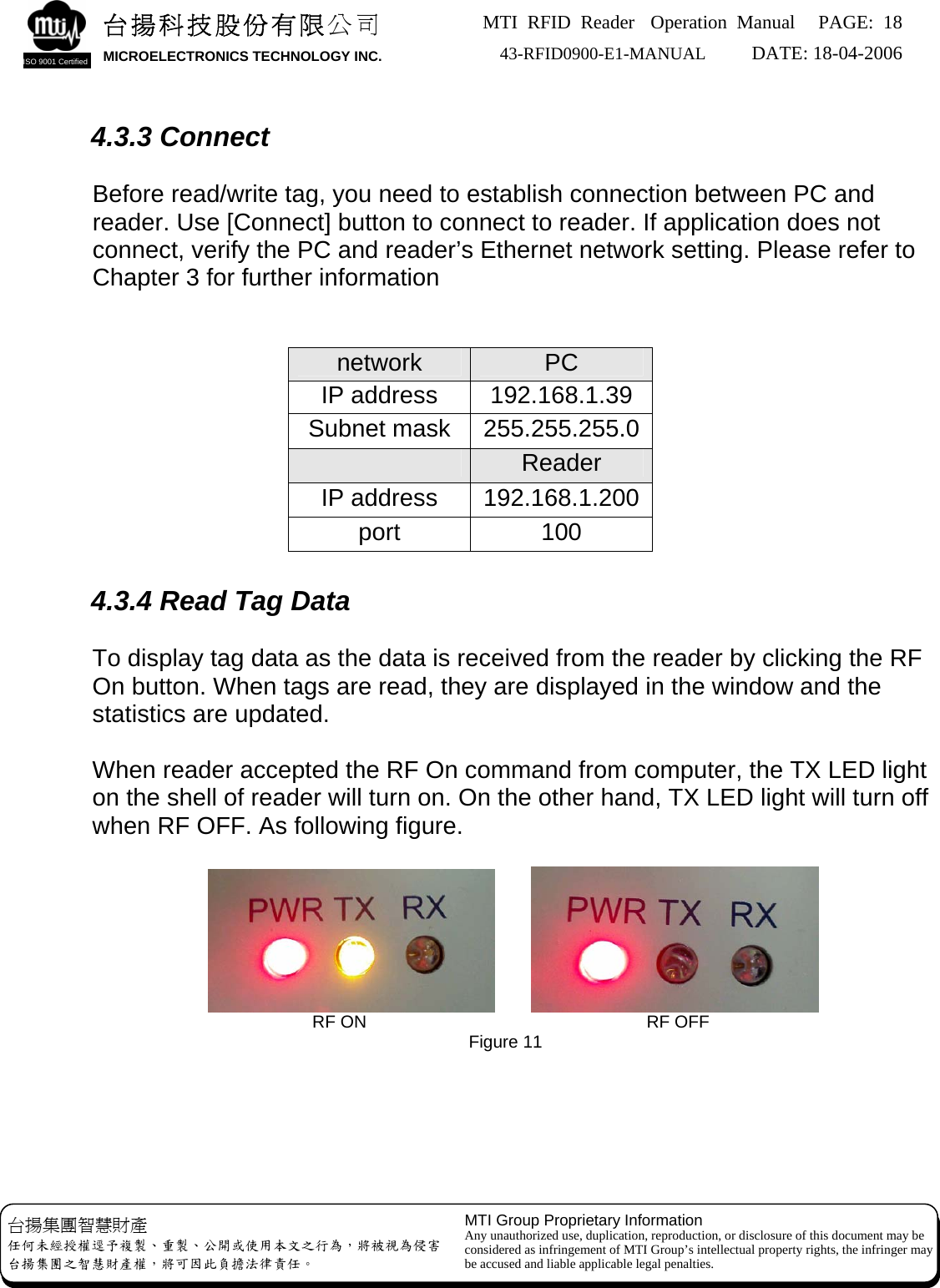 MTI RFID Reader  Operation Manual PAGE: 18 43-RFID0900-E1-MANUAL   DATE: 18-04-2006  台揚科技股份有限公司 MICROELECTRONICS TECHNOLOGY INC. ISO 9001 Certified   4.3.3 Connect  Before read/write tag, you need to establish connection between PC and reader. Use [Connect] button to connect to reader. If application does not connect, verify the PC and reader’s Ethernet network setting. Please refer to Chapter 3 for further information     network  PC IP address  192.168.1.39 Subnet mask  255.255.255.0 Reader IP address  192.168.1.200port 100  4.3.4 Read Tag Data  To display tag data as the data is received from the reader by clicking the RF On button. When tags are read, they are displayed in the window and the statistics are updated.  When reader accepted the RF On command from computer, the TX LED light on the shell of reader will turn on. On the other hand, TX LED light will turn off when RF OFF. As following figure.                      RF ON                    RF OFF         Figure 11      MTI Group Proprietary Information Any unauthorized use, duplication, reproduction, or disclosure of this document may be considered as infringement of MTI Group’s intellectual property rights, the infringer may be accused and liable applicable legal penalties. 台揚集團智慧財產 任何未經授權逕予複製、重製、公開或使用本文之行為，將被視為侵害 台揚集團之智慧財產權，將可因此負擔法律責任。 