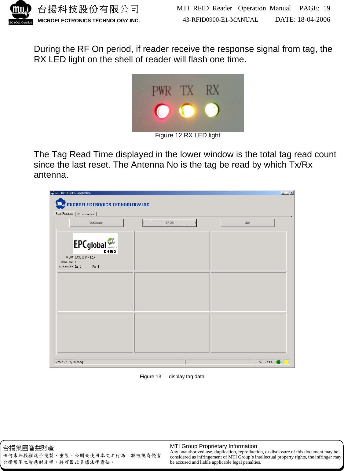 MTI RFID Reader  Operation Manual PAGE: 19 43-RFID0900-E1-MANUAL   DATE: 18-04-2006  台揚科技股份有限公司 MICROELECTRONICS TECHNOLOGY INC. ISO 9001 Certified    During the RF On period, if reader receive the response signal from tag, the RX LED light on the shell of reader will flash one time.     Figure 12 RX LED light  The Tag Read Time displayed in the lower window is the total tag read count since the last reset. The Antenna No is the tag be read by which Tx/Rx antenna.    Figure 13   display tag data      MTI Group Proprietary Information Any unauthorized use, duplication, reproduction, or disclosure of this document may be considered as infringement of MTI Group’s intellectual property rights, the infringer may be accused and liable applicable legal penalties. 台揚集團智慧財產 任何未經授權逕予複製、重製、公開或使用本文之行為，將被視為侵害 台揚集團之智慧財產權，將可因此負擔法律責任。 