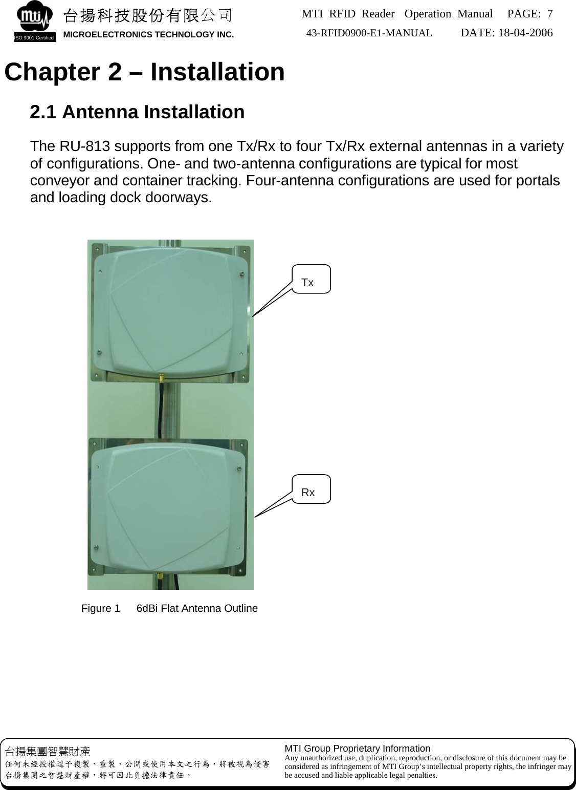 MTI RFID Reader  Operation Manual PAGE: 7 43-RFID0900-E1-MANUAL   DATE: 18-04-2006  台揚科技股份有限公司 MICROELECTRONICS TECHNOLOGY INC. ISO 9001 Certified  Chapter 2 – Installation  2.1 Antenna Installation  The RU-813 supports from one Tx/Rx to four Tx/Rx external antennas in a variety of configurations. One- and two-antenna configurations are typical for most conveyor and container tracking. Four-antenna configurations are used for portals and loading dock doorways.    TxRx Figure 1      6dBi Flat Antenna Outline       MTI Group Proprietary Information Any unauthorized use, duplication, reproduction, or disclosure of this document may be considered as infringement of MTI Group’s intellectual property rights, the infringer may be accused and liable applicable legal penalties. 台揚集團智慧財產 任何未經授權逕予複製、重製、公開或使用本文之行為，將被視為侵害 台揚集團之智慧財產權，將可因此負擔法律責任。 