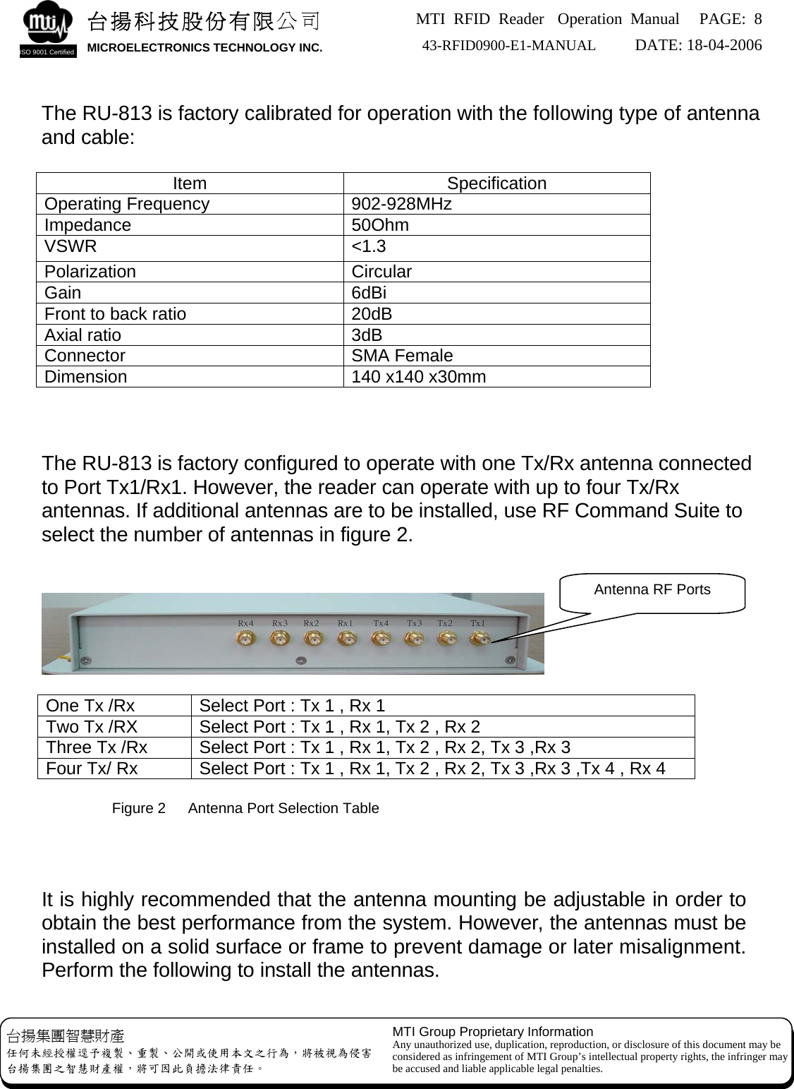 MTI RFID Reader  Operation Manual PAGE: 8 43-RFID0900-E1-MANUAL   DATE: 18-04-2006  台揚科技股份有限公司 MICROELECTRONICS TECHNOLOGY INC. ISO 9001 Certified   The RU-813 is factory calibrated for operation with the following type of antenna and cable:  Item Specification Operating Frequency  902-928MHz Impedance 50Ohm VSWR &lt;1.3 Polarization Circular Gain 6dBi Front to back ratio  20dB Axial ratio  3dB Connector SMA Female Dimension  140 x140 x30mm    The RU-813 is factory configured to operate with one Tx/Rx antenna connected to Port Tx1/Rx1. However, the reader can operate with up to four Tx/Rx antennas. If additional antennas are to be installed, use RF Command Suite to select the number of antennas in figure 2.    Antenna RF Ports  One Tx /Rx  Select Port : Tx 1 , Rx 1 Two Tx /RX  Select Port : Tx 1 , Rx 1, Tx 2 , Rx 2 Three Tx /Rx  Select Port : Tx 1 , Rx 1, Tx 2 , Rx 2, Tx 3 ,Rx 3 Four Tx/ Rx  Select Port : Tx 1 , Rx 1, Tx 2 , Rx 2, Tx 3 ,Rx 3 ,Tx 4 , Rx 4   Figure 2      Antenna Port Selection Table    It is highly recommended that the antenna mounting be adjustable in order to obtain the best performance from the system. However, the antennas must be installed on a solid surface or frame to prevent damage or later misalignment. Perform the following to install the antennas.  MTI Group Proprietary Information Any unauthorized use, duplication, reproduction, or disclosure of this document may be considered as infringement of MTI Group’s intellectual property rights, the infringer may be accused and liable applicable legal penalties. 台揚集團智慧財產 任何未經授權逕予複製、重製、公開或使用本文之行為，將被視為侵害 台揚集團之智慧財產權，將可因此負擔法律責任。 