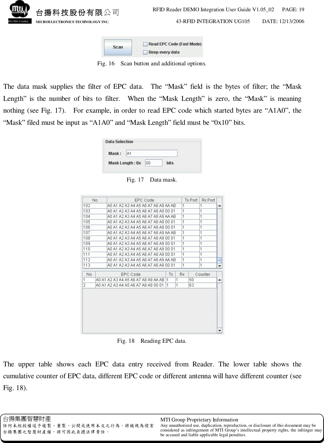 RFID Reader DEMO Integration User Guide V1.05_02  PAGE: 19 43-RFID INTEGRATION UG105  DATE: 12/13/2006   台揚集團智慧財產 任何未經授權逕予複製、重製、公開或使用本文之行為，將被視為侵害 台揚集團之智慧財產權，將可因此負擔法律責任。 MTI Group Proprietary Information Any unauthorized use, duplication, reproduction, or disclosure of this document may be considered as infringement of MTI Group’s intellectual property rights, the infringer may be accused and liable applicable legal penalties. 台揚科技股份有限公司 MICROELECTRONICS TECHNOLOGY INC. ISO 9001 Certified  Fig. 16  Scan button and additional options.  The data mask supplies the filter of EPC data.  The  “Mask” field is the bytes of filter; the  “Mask Length” is the number of bits to filter.  When the  “Mask Length” is zero, the  “Mask” is meaning nothing (see Fig. 17).  For example, in order to read EPC code which started bytes are “A1A0”, the “Mask” filed must be input as “A1A0” and “Mask Length” field must be “0x10” bits.   Fig. 17  Data mask.   Fig. 18  Reading EPC data.  The upper table shows each EPC data entry received from Reader. The lower table shows the cumulative counter of EPC data, different EPC code or different antenna will have different counter (see Fig. 18).  