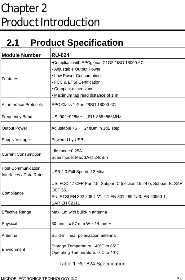  MICROELECTRONICS TECHNOLOGY INC.  P.4 Chapter 2  Product Introduction 2.1 Product Specification Module Number  RU-824 Features •Compliant with EPCglobal C1G2 / ISO 18000-6C • Adjustable Output Power   • Low Power Consumption • FCC &amp; ETSI Certification • Compact dimensions   • Maximum tag read distance of 1 m   Air-interface Protocols    EPC Class 1 Gen 2/ISO 18000-6C Frequency Band  US: 902~928MHz ; EU: 865~868MHz   Output Power  Adjustable +5 ~ +24dBm in 1dB step Supply Voltage  Powered by USB Current Consumption  Idle mode:0.25A Scan mode: Max 1A@ 24dBm Host Communication Interfaces / Data Rates  USB 2.0 Full Speed: 12 Mb/s Compliance US: FCC 47 CFR Part 15, Subpart C (section 15.247), Subpart B, SAR OET 65,   EU: ETSI EN 302 208-1 V1.2.1,EN 301 489-1/-3, EN 60950-1,   SAR EN 62311 Effective Range  Max. 1m with build-in antenna Physical  80 mm L x 57 mm W x 14 mm H   Antenna  Build-in linear polarization antenna Environment  Storage Temperature: -40°C to 85°C Operating Temperature: 0°C to 40°C Table 1 RU-824 Specification 