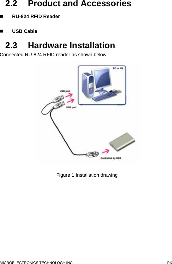  2.2  Product and Accessories  RU-824 RFID Reader  USB Cable 2.3 Hardware Installation Connected RU-824 RFID reader as shown below  Figure 1 Installation drawingMICROELECTRONICS TECHNOLOGY INC.  P.5 