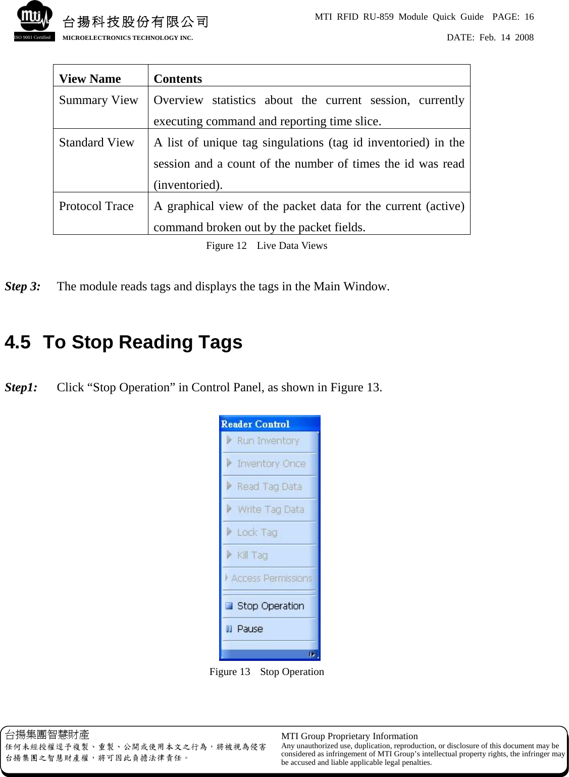 MTI RFID RU-859 Module Quick Guide  PAGE: 16 DATE: Feb. 14 2008   台揚科技股份有限公司MICROELECTRONICS TECHNOLOGY INC. ISO 9001 Certified View Name  Contents Summary View Overview statistics about the current session, currently executing command and reporting time slice. Standard View A list of unique tag singulations (tag id inventoried) in the session and a count of the number of times the id was read (inventoried). Protocol Trace A graphical view of the packet data for the current (active) command broken out by the packet fields. Figure 12  Live Data Views  Step 3:  The module reads tags and displays the tags in the Main Window.  4.5  To Stop Reading Tags  Step1:  Click “Stop Operation” in Control Panel, as shown in Figure 13.   Figure 13  Stop Operation 台揚集團智慧財產 任何未經授權逕予複製、重製、公開或使用本文之行為，將被視為侵害台揚集團之智慧財產權，將可因此負擔法律責任。 MTI Group Proprietary Information Any unauthorized use, duplication, reproduction, or disclosure of this document may beconsidered as infringement of MTI Group’s intellectual property rights, the infringer may be accused and liable applicable legal penalties. 