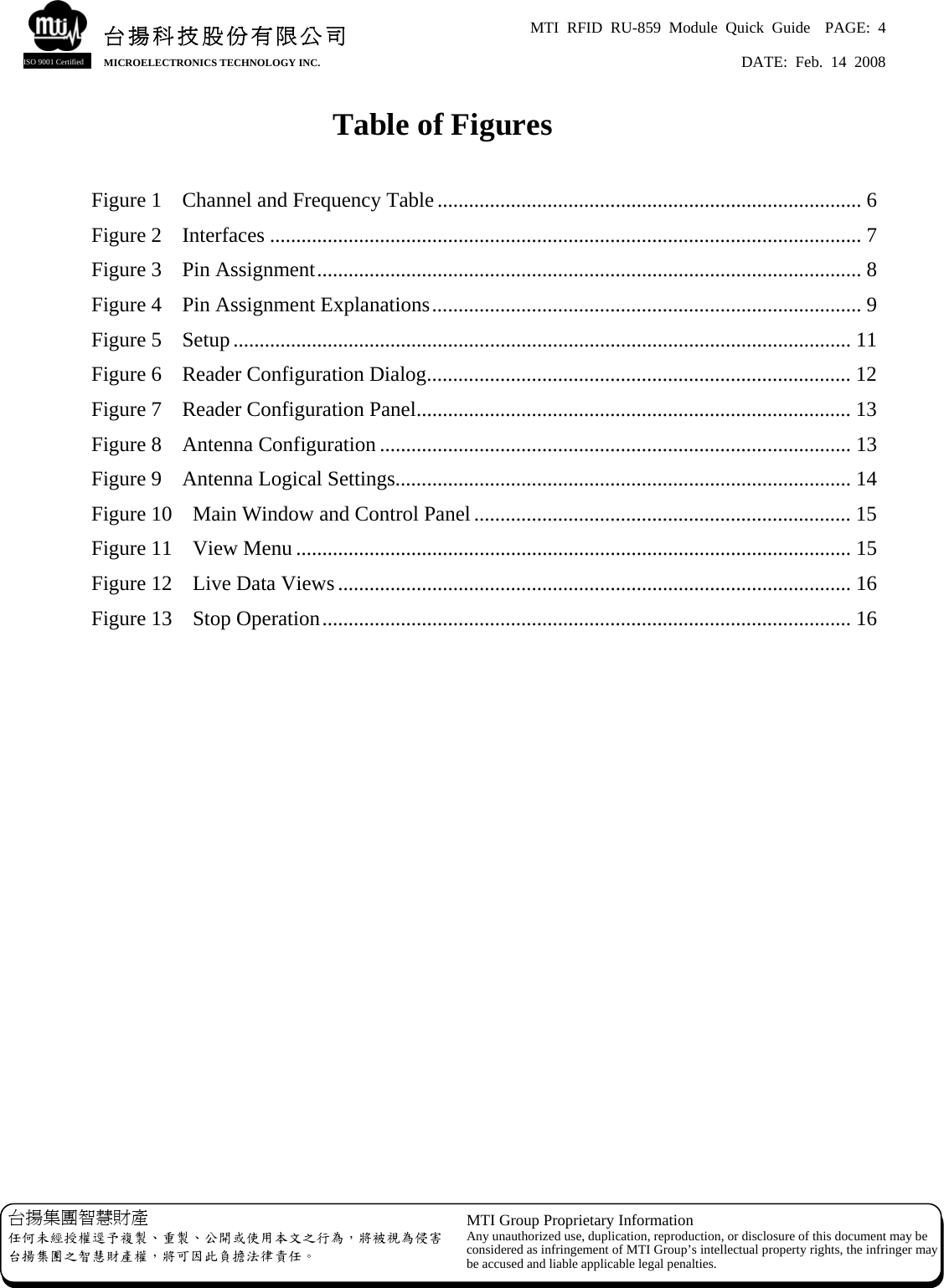 MTI RFID RU-859 Module Quick Guide  PAGE: 4 DATE: Feb. 14 2008   台揚集團智慧財產 任何未經授權逕予複製、重製、公開或使用本文之行為，將被視為侵害台揚集團之智慧財產權，將可因此負擔法律責任。 MTI Group Proprietary Information Any unauthorized use, duplication, reproduction, or disclosure of this document may beconsidered as infringement of MTI Group’s intellectual property rights, the infringer may be accused and liable applicable legal penalties. 台揚科技股份有限公司MICROELECTRONICS TECHNOLOGY INC. ISO 9001 Certified Table of Figures  Figure 1  Channel and Frequency Table................................................................................. 6 Figure 2  Interfaces ................................................................................................................. 7 Figure 3  Pin Assignment........................................................................................................ 8 Figure 4  Pin Assignment Explanations.................................................................................. 9 Figure 5  Setup...................................................................................................................... 11 Figure 6  Reader Configuration Dialog................................................................................. 12 Figure 7  Reader Configuration Panel................................................................................... 13 Figure 8  Antenna Configuration .......................................................................................... 13 Figure 9  Antenna Logical Settings....................................................................................... 14 Figure 10  Main Window and Control Panel........................................................................ 15 Figure 11  View Menu .......................................................................................................... 15 Figure 12  Live Data Views.................................................................................................. 16 Figure 13  Stop Operation..................................................................................................... 16               