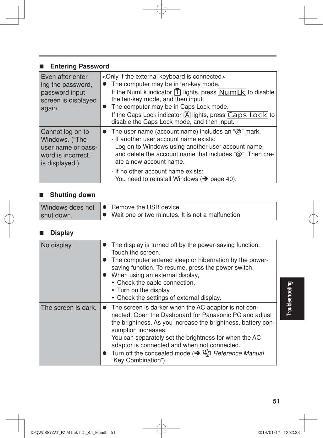 51Troubleshooting Entering PasswordEven after enter-ing the password, password input screen is displayed again.&lt;Only if the external keyboard is connected&gt;z  The computer may be in ten-key mode.If the NumLk indicator   lights, press NumLk to disable the ten-key mode, and then input.z  The computer may be in Caps Lock mode.If the Caps Lock indicator   lights, press Caps Lock to disable the Caps Lock mode, and then input. Cannot log on to Windows. ( “The user name or pass-word is incorrect.” is displayed.)z  The user name (account name) includes an “@” mark.- If another user account name exists:Log on to Windows using another user account name, and delete the account name that includes “@”. Then cre-ate a new account name.  - If no other account name exists:You need to reinstall Windows (Î page 40). Shutting downWindows does not shut down.z  Remove the USB device.z  Wait one or two minutes. It is not a malfunction. DisplayNo display. z  The display is turned off by the power-saving function. Touch the screen.z  The computer entered sleep or hibernation by the power-saving function. To resume, press the power switch.z  When using an external display,y  Check the cable connection.y  Turn on the display.y  Check the settings of external display.The screen is dark. z  The screen is darker when the AC adaptor is not con-nected. Open the Dashboard for Panasonic PC and adjust the brightness. As you increase the brightness, battery con-sumption increases.You can separately set the brightness for when the AC adaptor is connected and when not connected.z  Turn off the concealed mode (Î  Reference Manual “Key Combination”).DFQW5887ZAT_FZ-M1mk1-OI_8.1_M.indb   51DFQW5887ZAT_FZ-M1mk1-OI_8.1_M.indb   512014/01/17   12:22:232014/01/17   12:22:23