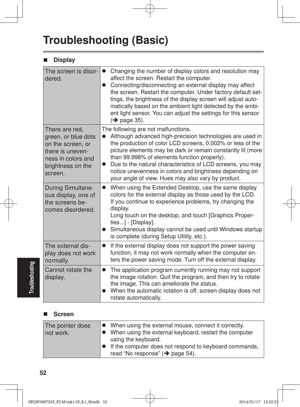 52TroubleshootingTroubleshooting (Basic) DisplayThe screen is disor-dered.z  Changing the number of display colors and resolution may affect the screen. Restart the computer.z  Connecting/disconnecting an external display may affect the screen. Restart the computer. Under factory default set-tings, the brightness of the display screen will adjust auto-matically based on the ambient light detected by the ambi-ent light sensor. You can adjust the settings for this sensor (Î page 35).There are red, green, or blue dots on the screen, or there is uneven-ness in colors and brightness on the screen.The following are not malfunctions.z  Although advanced high-precision technologies are used in the production of color LCD screens, 0.002% or less of the picture elements may be dark or remain constantly lit (more than 99.998% of elements function properly).z  Due to the natural characteristics of LCD screens, you may notice unevenness in colors and brightness depending on your angle of view. Hues may also vary by product.During Simultane-ous display, one of the screens be-comes disordered.z  When using the Extended Desktop, use the same display colors for the external display as those used by the LCD. If you continue to experience problems, try changing the display. Long touch on the desktop, and touch [Graphics Proper-ties...] - [Display].z  Simultaneous display cannot be used until Windows startup is complete (during Setup Utility, etc.).The external dis-play does not work normally.z  If the external display does not support the power saving function, it may not work normally when the computer en-ters the power saving mode. Turn off the external display.Cannot rotate the display.z  The application program currently running may not support the image rotation. Quit the program, and then try to rotate the image. This can ameliorate the status.z  When the automatic rotation is off, screen display does not rotate automatically. ScreenThe pointer does not work.z  When using the external mouse, connect it correctly.z  When using the external keyboard, restart the computer using the keyboard. z  If the computer does not respond to keyboard commands, read “No response” (Î page 54).DFQW5887ZAT_FZ-M1mk1-OI_8.1_M.indb   52DFQW5887ZAT_FZ-M1mk1-OI_8.1_M.indb   522014/01/17   12:22:232014/01/17   12:22:23