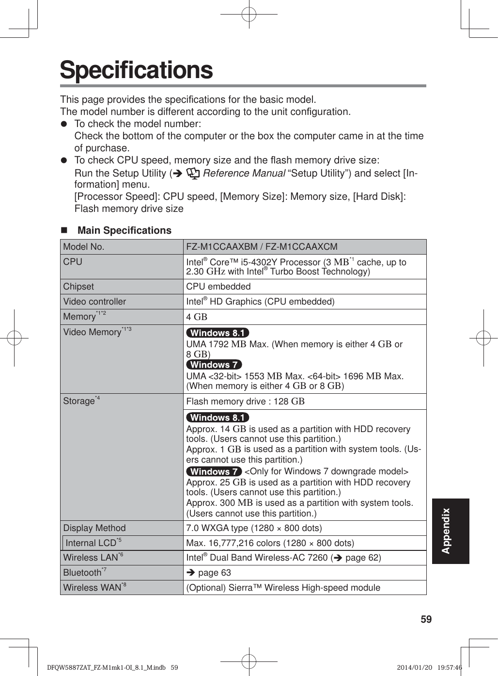 59AppendixThis page provides the speci¿ cations for the basic model. The model number is different according to the unit con¿ guration.z  To check the model number:Check the bottom of the computer or the box the computer came in at the time of purchase.z  To check CPU speed, memory size and the À ash memory drive size:Run the Setup Utility (Î  Reference Manual “Setup Utility”) and select [In-formation] menu.[Processor Speed]: CPU speed, [Memory Size]: Memory size, [Hard Disk]: Flash memory drive size Main Speci¿ cationsModel No. FZ-M1CCAAXBM / FZ-M1CCAAXCMCPU Intel® Core™ i5-4302Y Processor (3 MB*1 cache, up to 2.30 GHz with Intel® Turbo Boost Technology)Chipset CPU embeddedVideo controller Intel® HD Graphics (CPU embedded)Memory*1*2 4 GBVideo Memory*1*3UMA 1792 MB Max. (When memory is either 4 GB or 8 GB)UMA &lt;32-bit&gt; 1553 MB Max. &lt;64-bit&gt; 1696 MB Max. (When memory is either 4 GB or 8 GB)Storage*4 Flash memory drive : 128 GBApprox. 14 GB is used as a partition with HDD recovery tools. (Users cannot use this partition.)Approx. 1 GB is used as a partition with system tools. (Us-ers cannot use this partition.) &lt;Only for Windows 7 downgrade model&gt;Approx. 25 GB is used as a partition with HDD recovery tools. (Users cannot use this partition.)Approx. 300 MB is used as a partition with system tools. (Users cannot use this partition.)Display Method 7.0 WXGA type (1280 × 800 dots)Internal LCD*5 Max. 16,777,216 colors (1280 × 800 dots)Wireless LAN*6 Intel® Dual Band Wireless-AC 7260 (Î page 62)Bluetooth*7 Î page 63Wireless WAN*8 (Optional) Sierra™ Wireless High-speed module Speci¿ cationsDFQW5887ZAT_FZ-M1mk1-OI_8.1_M.indb   59DFQW5887ZAT_FZ-M1mk1-OI_8.1_M.indb   592014/01/20   19:57:462014/01/20   19:57:46