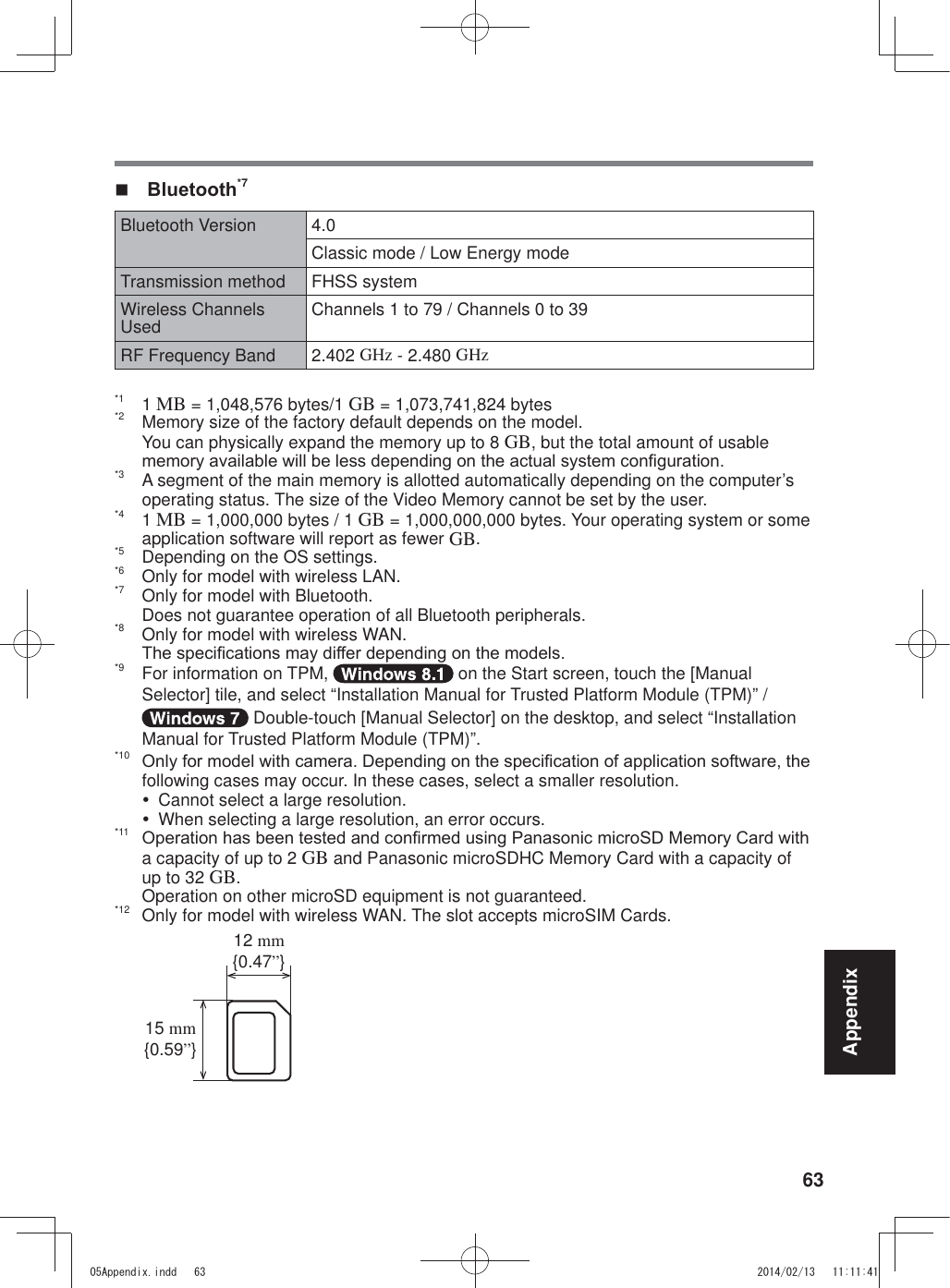63Appendix %OXHWRRWK*7Bluetooth Version 4.0Classic mode / Low Energy modeTransmission method FHSS systemWireless Channels Used Channels 1 to 79 / Channels 0 to 39RF Frequency Band 2.402 GHz - 2.480 GHz*1 1 MB = 1,048,576 bytes/1 GB = 1,073,741,824 bytes*2  Memory size of the factory default depends on the model.  You can physically expand the memory up to 8 GB, but the total amount of usable PHPRU\DYDLODEOHZLOOEHOHVVGHSHQGLQJRQWKHDFWXDOV\VWHPFRQ¿JXUDWLRQ*3  A segment of the main memory is allotted automatically depending on the computer’s operating status. The size of the Video Memory cannot be set by the user.*4 1 MB = 1,000,000 bytes / 1 GB = 1,000,000,000 bytes. Your operating system or some application software will report as fewer GB.*5  Depending on the OS settings.*6  Only for model with wireless LAN.*7  Only for model with Bluetooth.  Does not guarantee operation of all Bluetooth peripherals.*8  Only for model with wireless WAN. 7KHVSHFL¿FDWLRQVPD\GLIIHUGHSHQGLQJRQWKHPRGHOV*9  For information on TPM,   on the Start screen, touch the [Manual Selector] tile, and select “Installation Manual for Trusted Platform Module (TPM)” /  Double-touch [Manual Selector] on the desktop, and select “Installation Manual for Trusted Platform Module (TPM)”.*10 2QO\IRUPRGHOZLWKFDPHUD&apos;HSHQGLQJRQWKHVSHFL¿FDWLRQRIDSSOLFDWLRQVRIWZDUHWKHfollowing cases may occur. In these cases, select a smaller resolution.y  Cannot select a large resolution.y  When selecting a large resolution, an error occurs.*11  2SHUDWLRQKDVEHHQWHVWHGDQGFRQ¿UPHGXVLQJ3DQDVRQLFPLFUR6&apos;0HPRU\&amp;DUGZLWKa capacity of up to 2 GB and Panasonic microSDHC Memory Card with a capacity of up to 32 GB.  Operation on other microSD equipment is not guaranteed. *12  Only for model with wireless WAN. The slot accepts microSIM Cards. 12 mm{0.47”}15 mm{0.59”}$SSHQGL[LQGG 